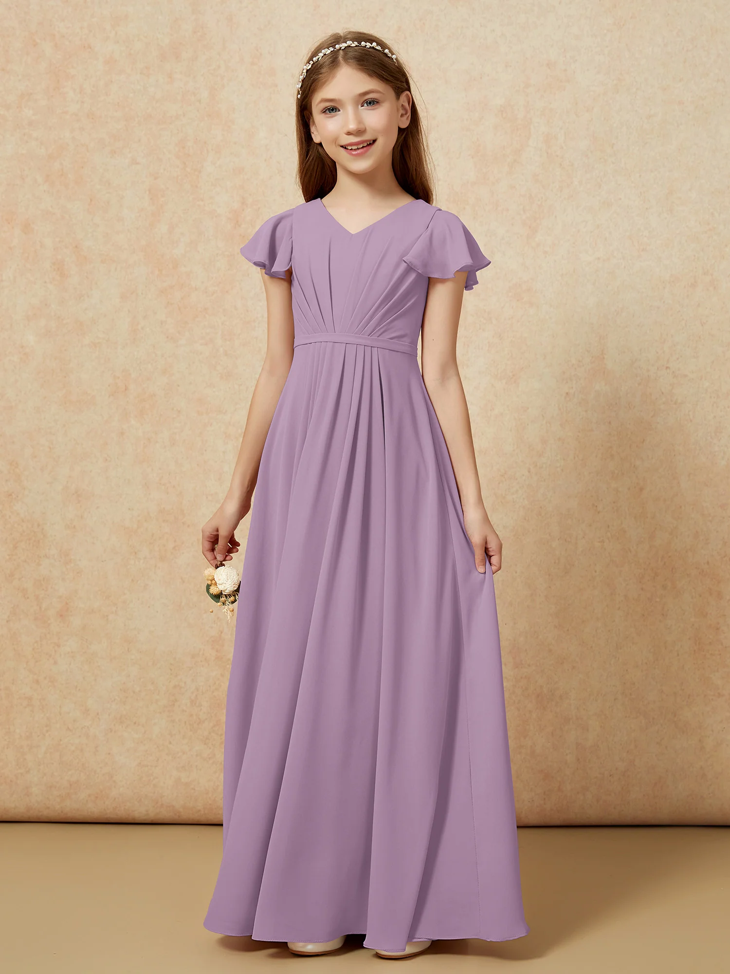 Flutter Sleeves V-neck Chiffon Junior Bridesmaid Dresses Wisteria - Image 7