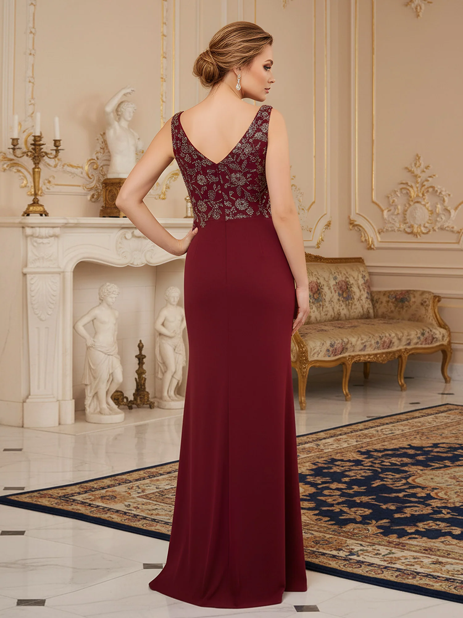 Sleeveless Column Gown with V-Neck and Ornate Beaded Bodice Burgundy - Image 2