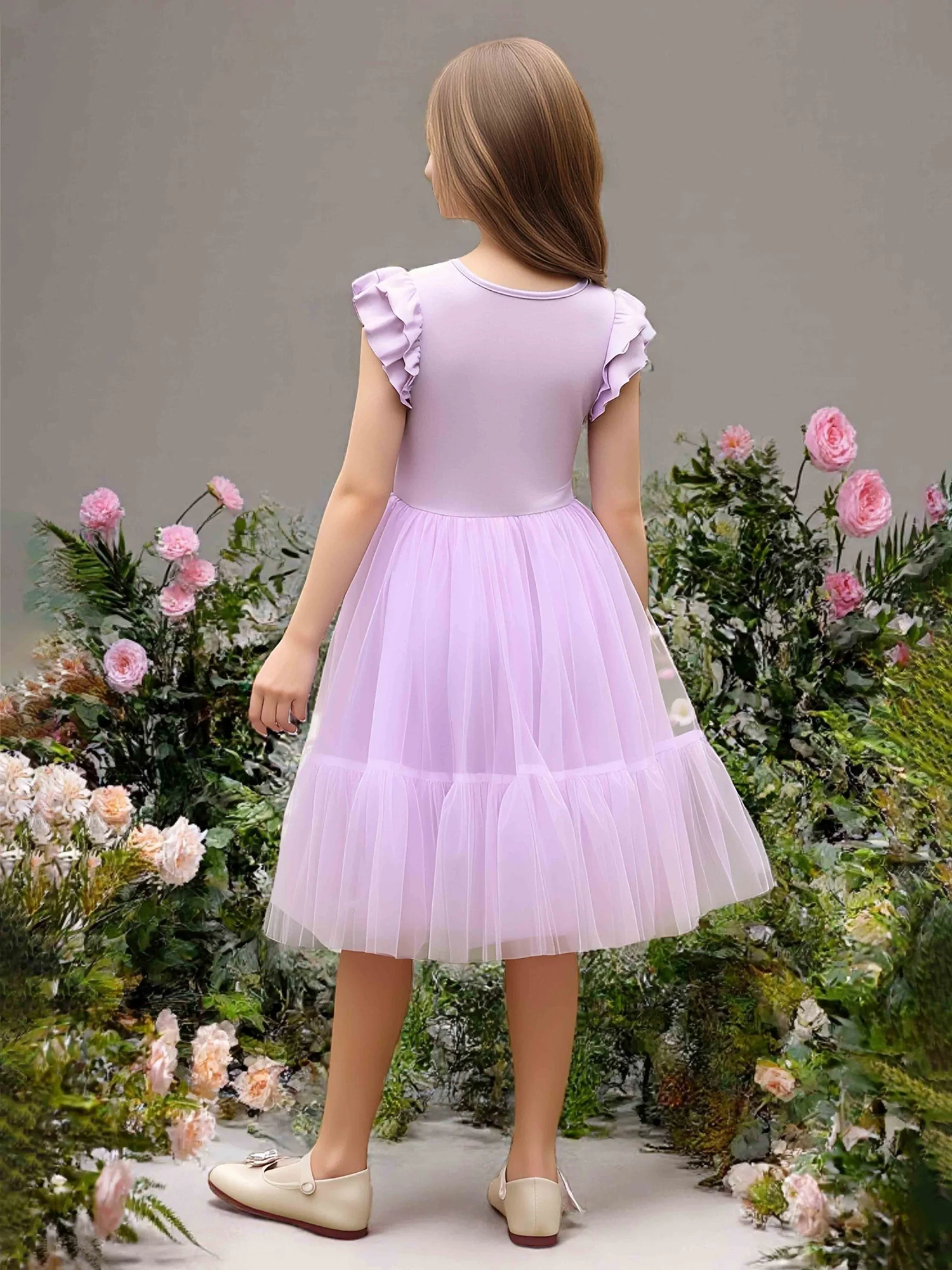 Ruffle Flutter Sleeve Tulle Skirt Flower Girl Dress Lilac - Image 2