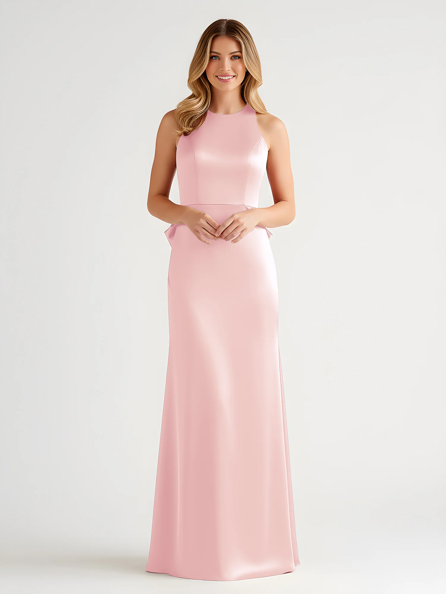 Sleeveless Satin Gown with Oversized Back Bow Blushing Pink