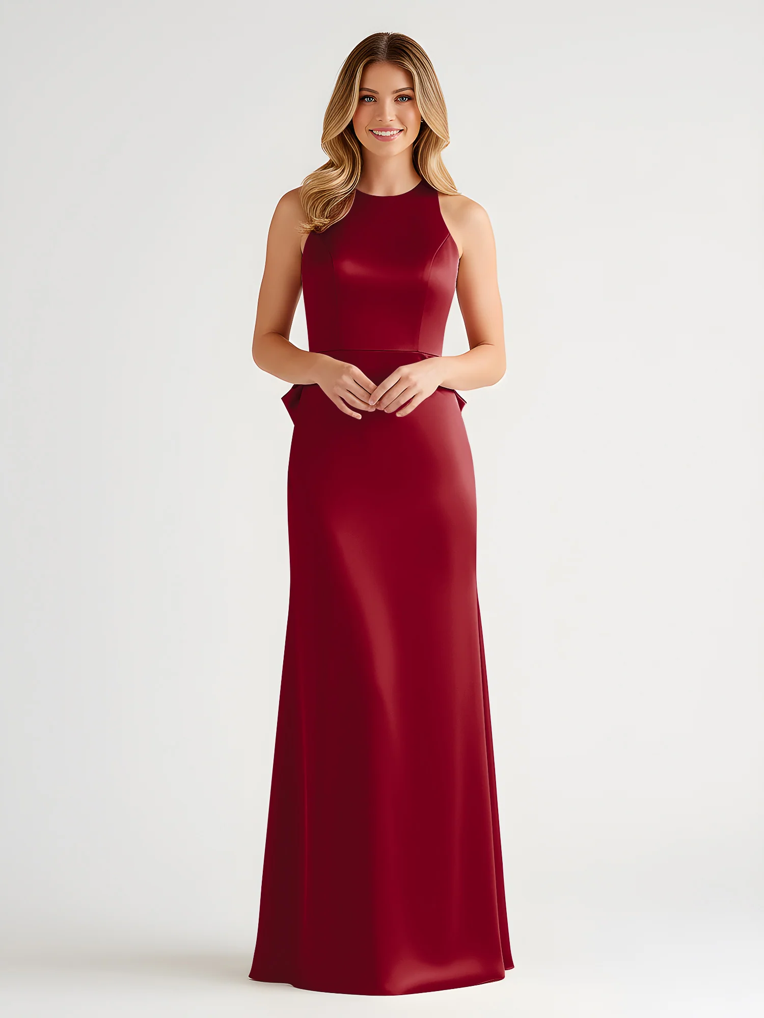 Sleeveless Satin Gown with Oversized Back Bow Burgundy