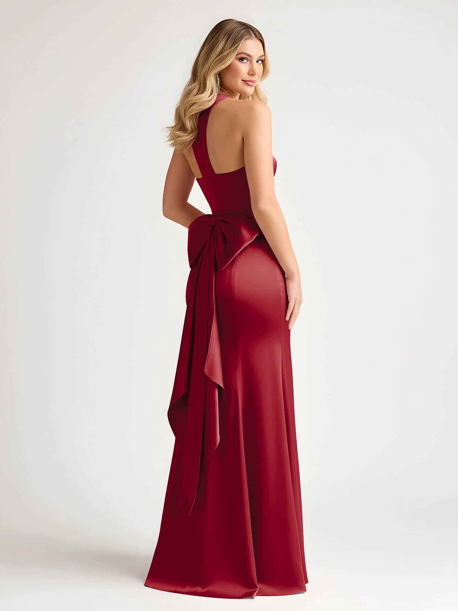Sleeveless Satin Gown with Oversized Back Bow Burgundy - Image 2