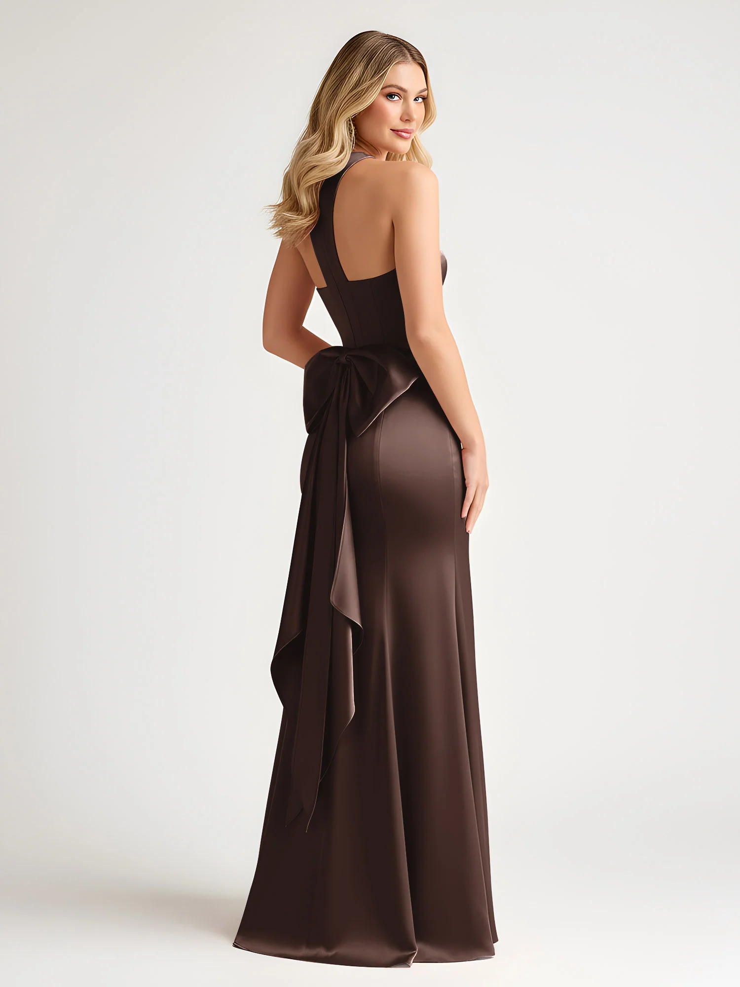 Sleeveless Satin Gown with Oversized Back Bow Chocolate - Image 2