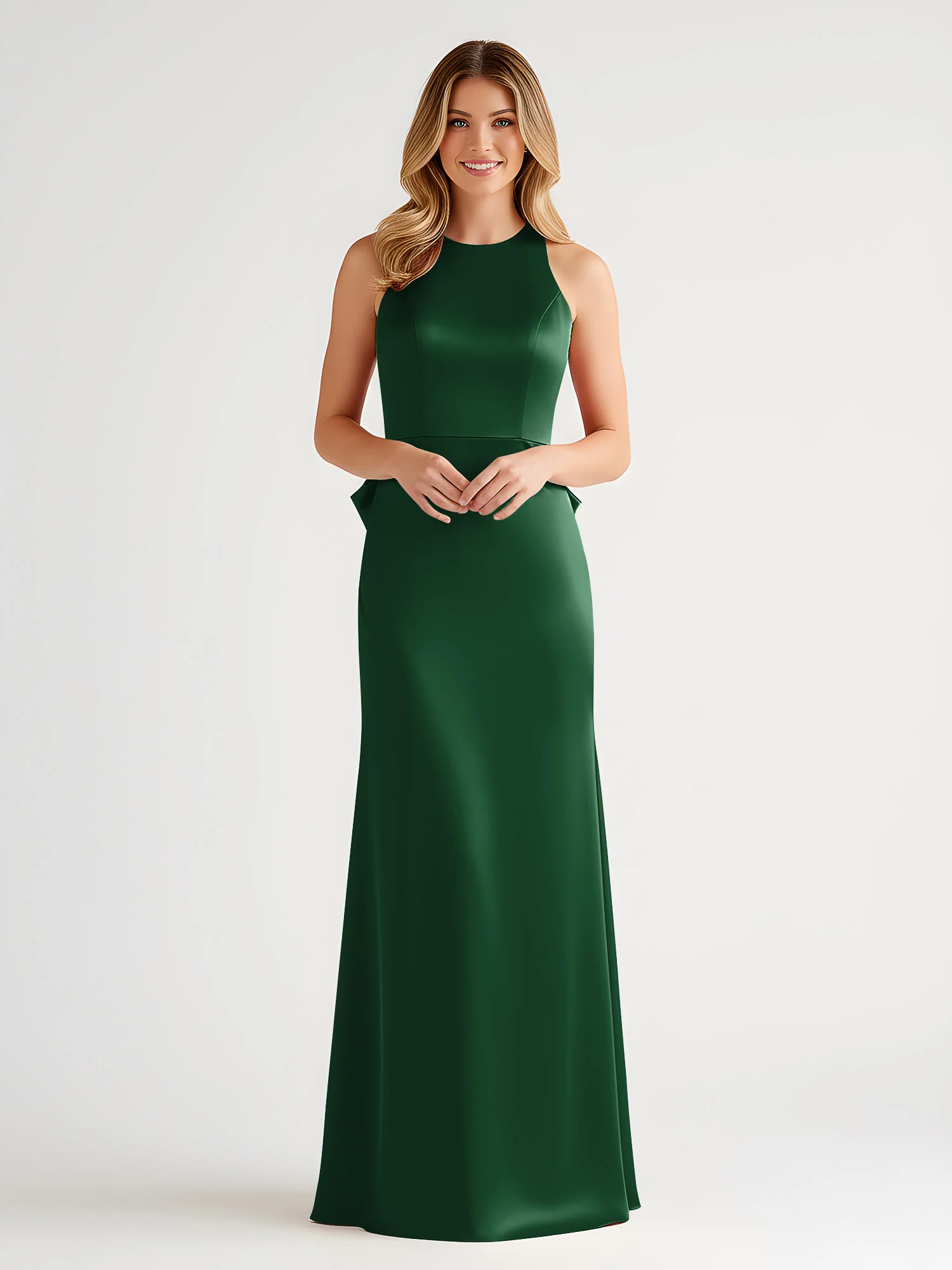 Sleeveless Satin Gown with Oversized Back Bow Dark Green