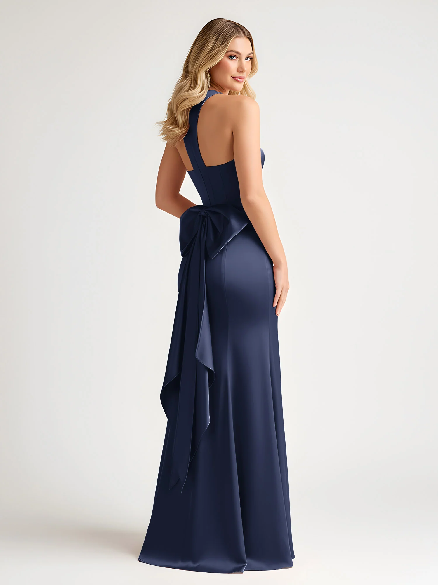 Sleeveless Satin Gown with Oversized Back Bow Dark Navy - Image 2