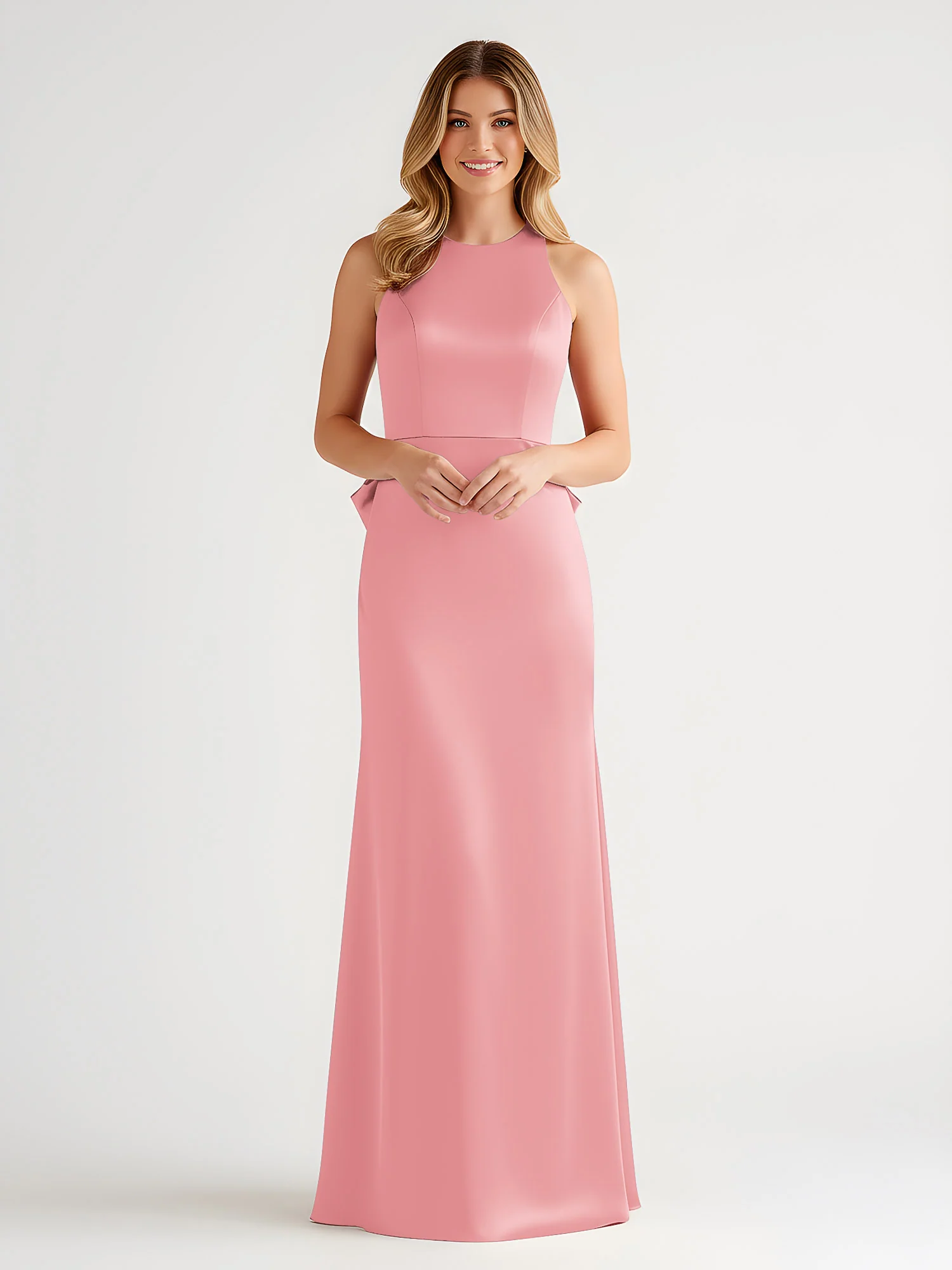 Sleeveless Satin Gown with Oversized Back Bow Flamingo