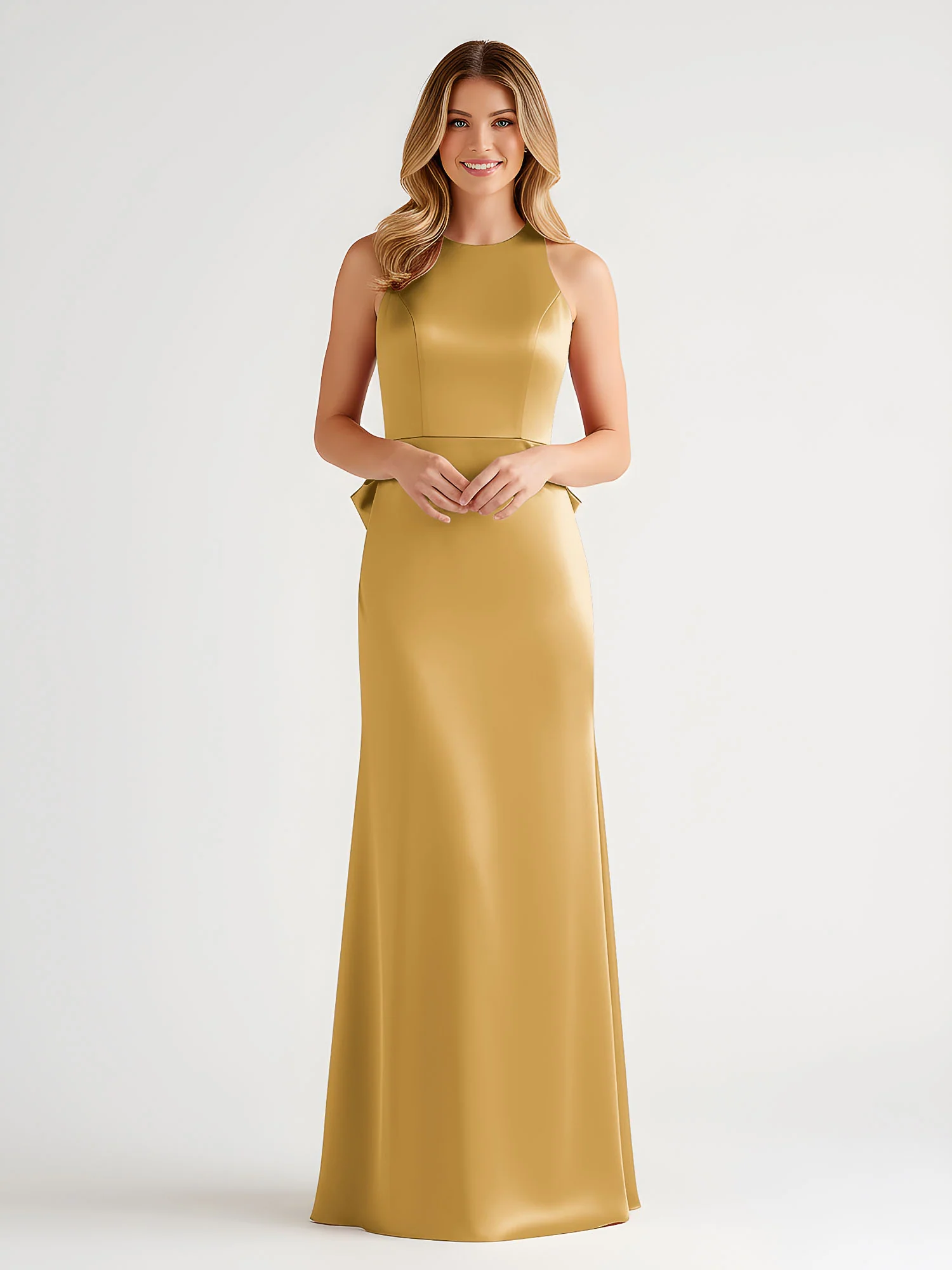 Sleeveless Satin Gown with Oversized Back Bow Gold