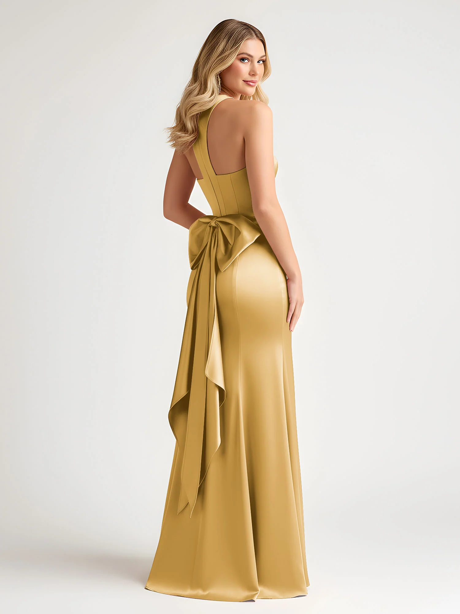 Sleeveless Satin Gown with Oversized Back Bow Gold - Image 2