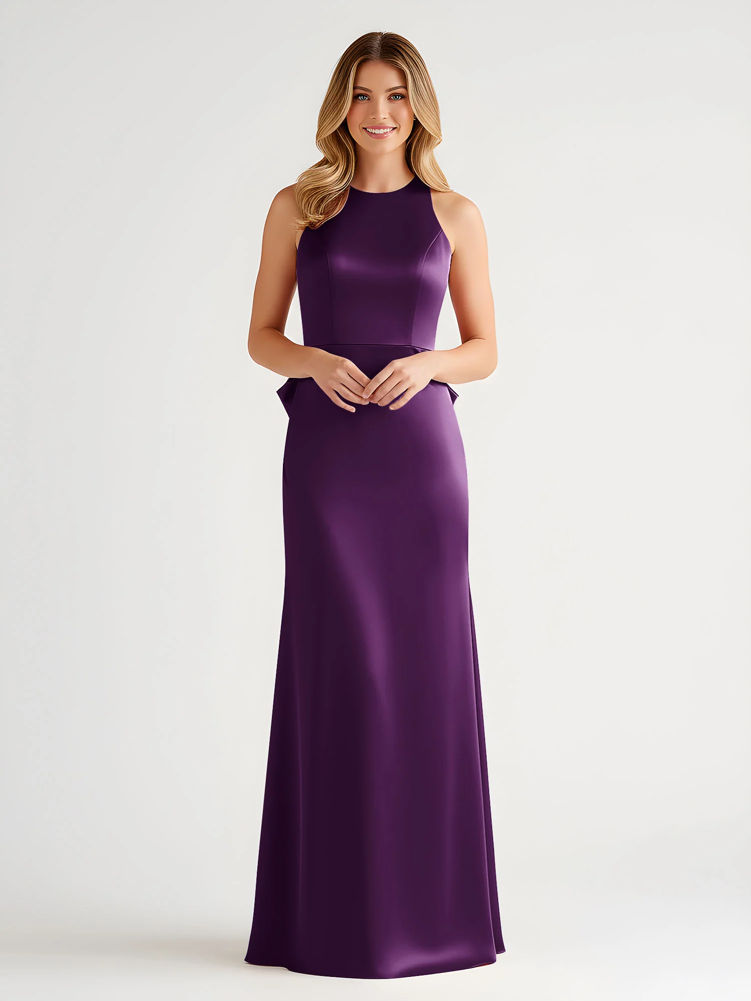 Sleeveless Satin Gown with Oversized Back Bow Grape