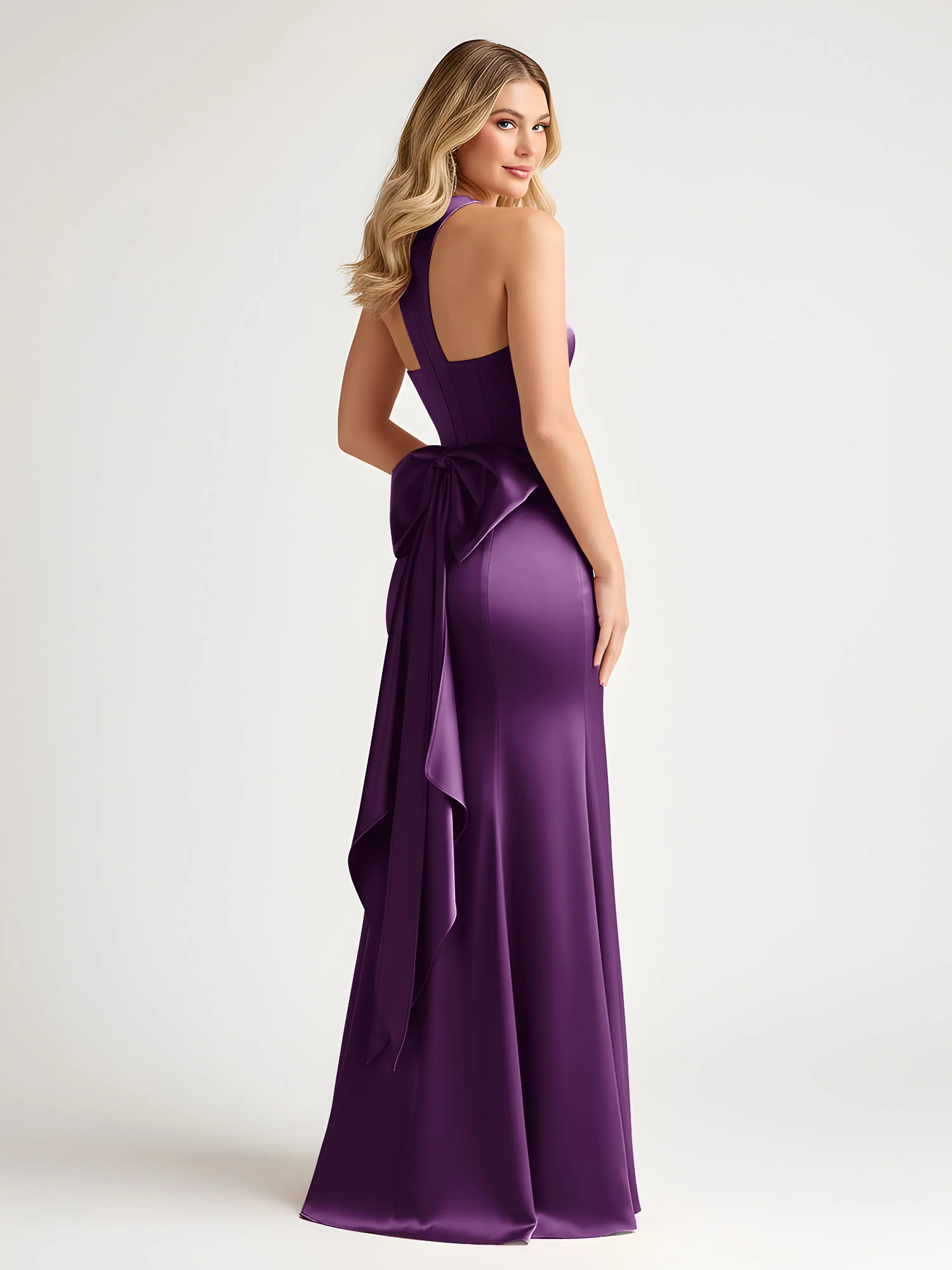 Sleeveless Satin Gown with Oversized Back Bow Grape - Image 2