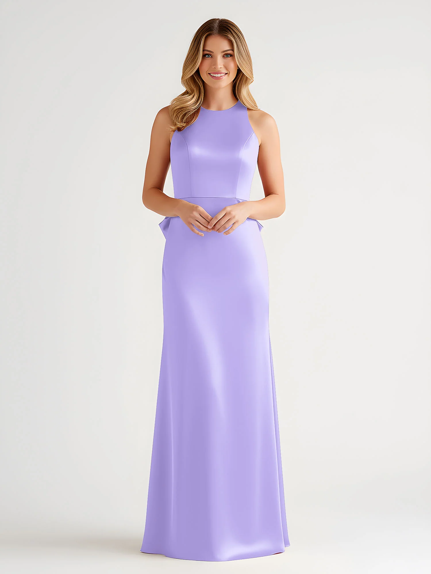 Sleeveless Satin Gown with Oversized Back Bow Lilac