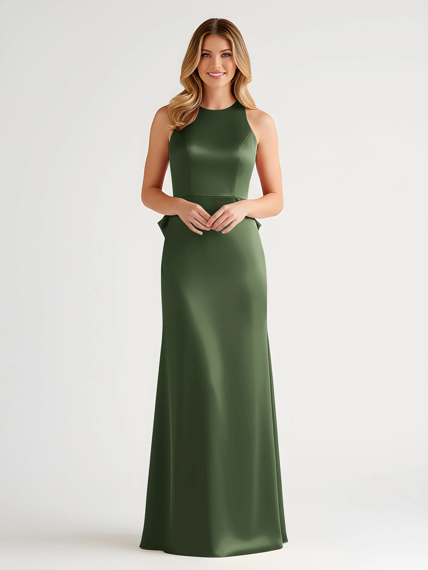 Sleeveless Satin Gown with Oversized Back Bow Olive Green