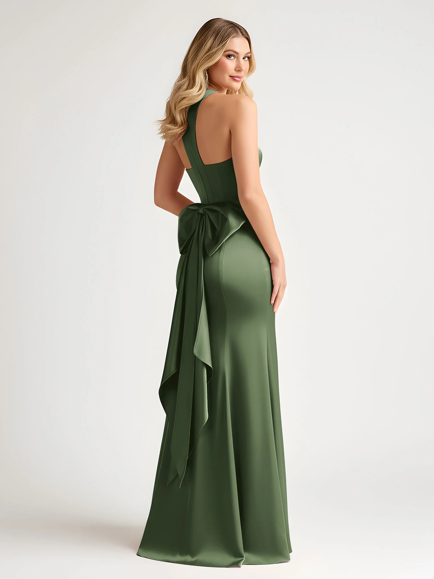 Sleeveless Satin Gown with Oversized Back Bow Olive Green - Image 2
