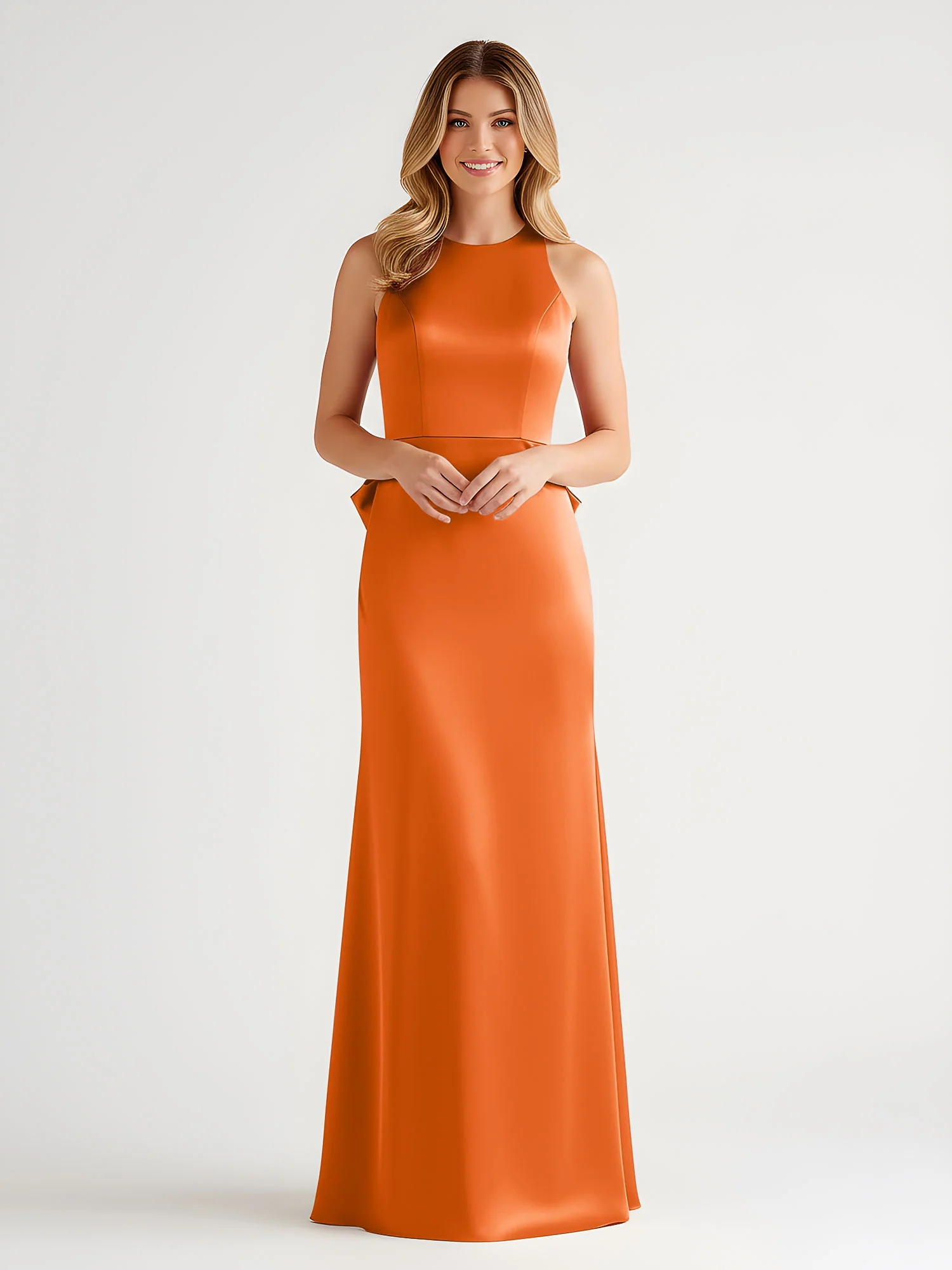 Sleeveless Satin Gown with Oversized Back Bow Orange
