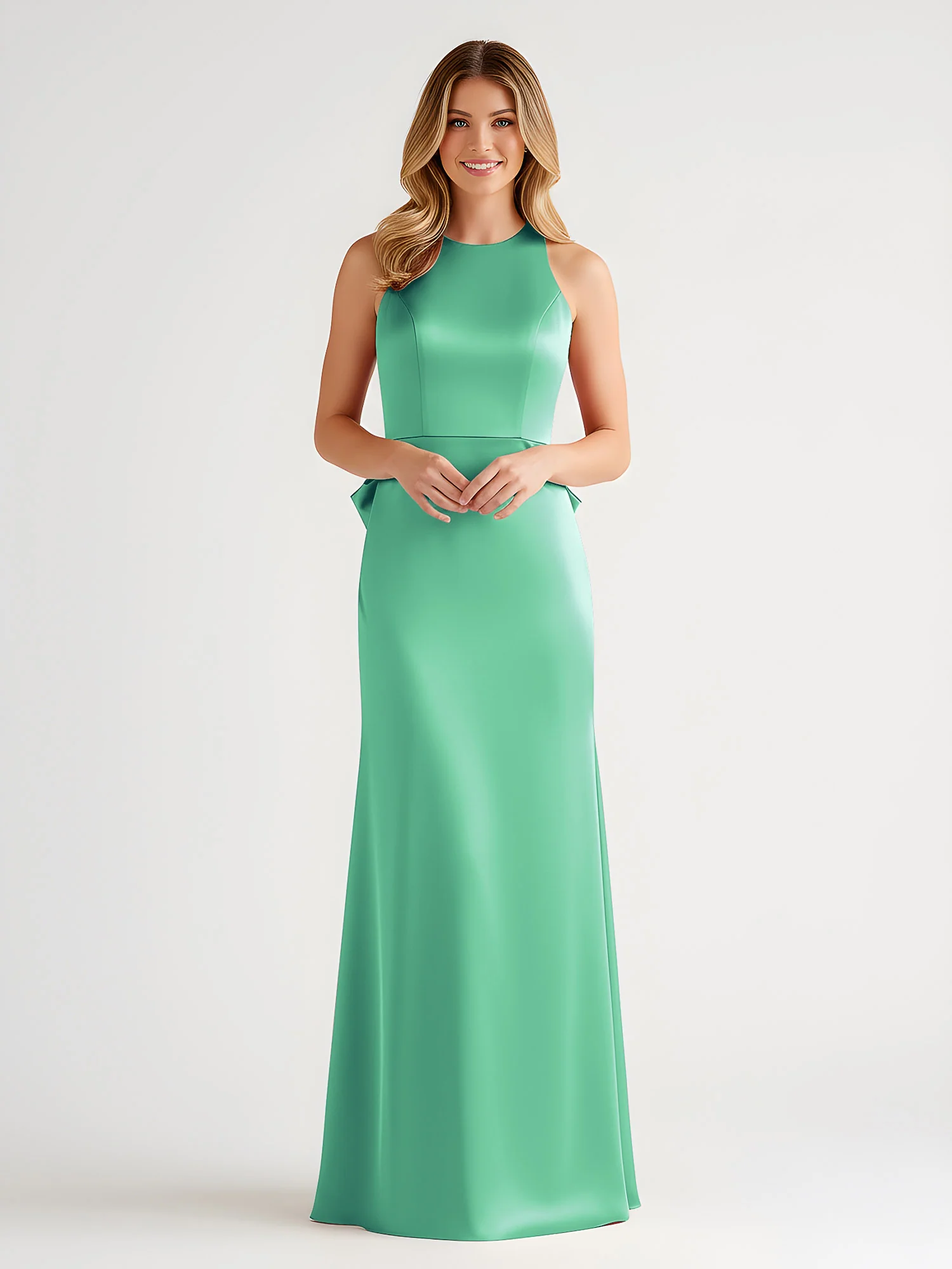 Sleeveless Satin Gown with Oversized Back Bow Turquoise