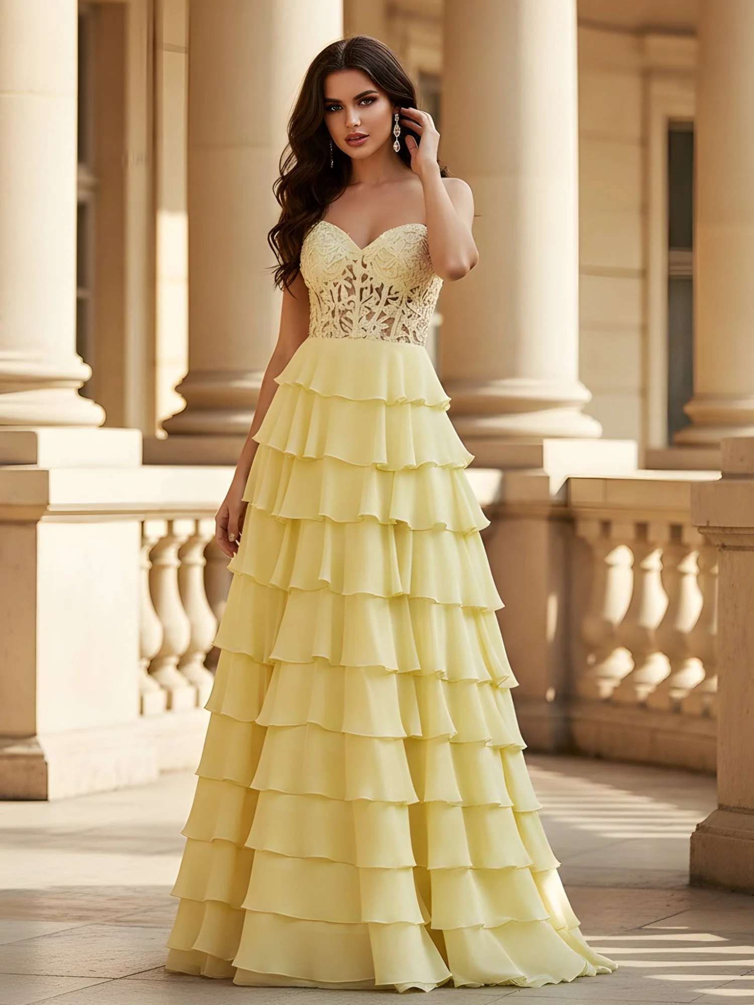 Voluminous Chiffon Dress with Exposed Lace-Up Back Champagne
