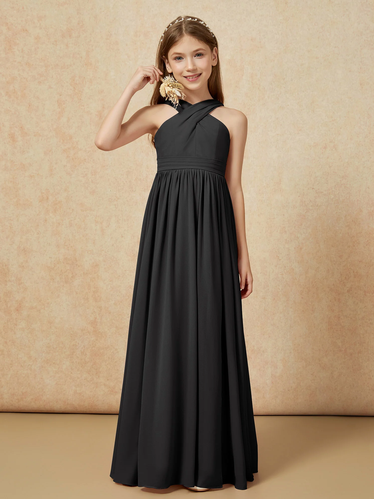 Grecian Neck Chiffon Junior Bridesmaid Dresses With Slit Black