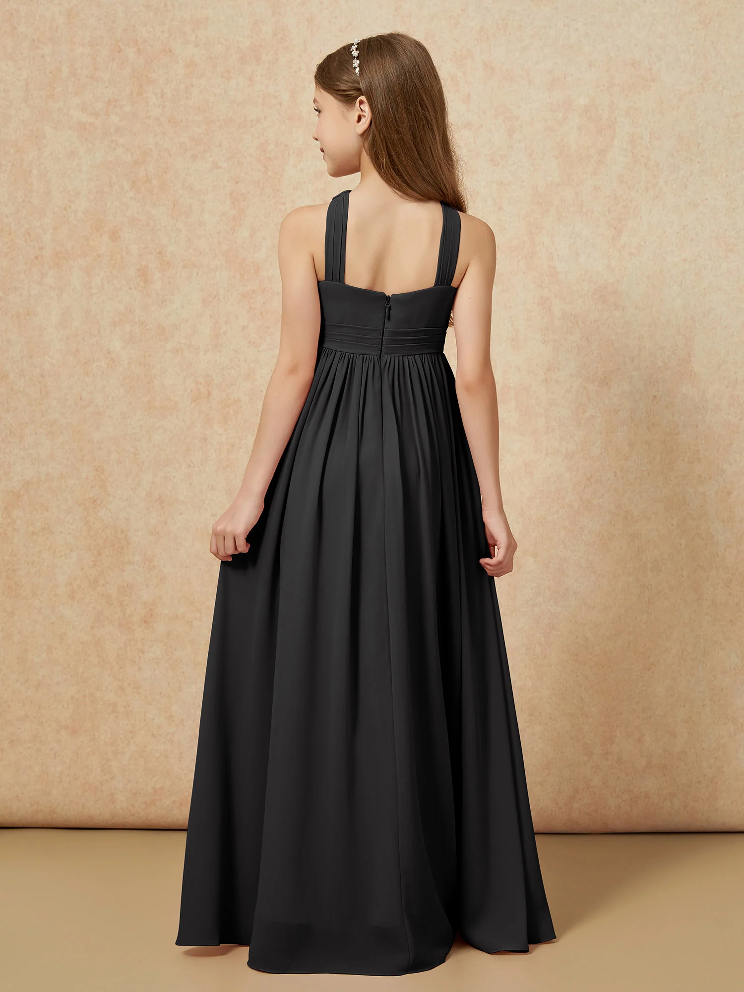 Grecian Neck Chiffon Junior Bridesmaid Dresses With Slit Black - Image 2