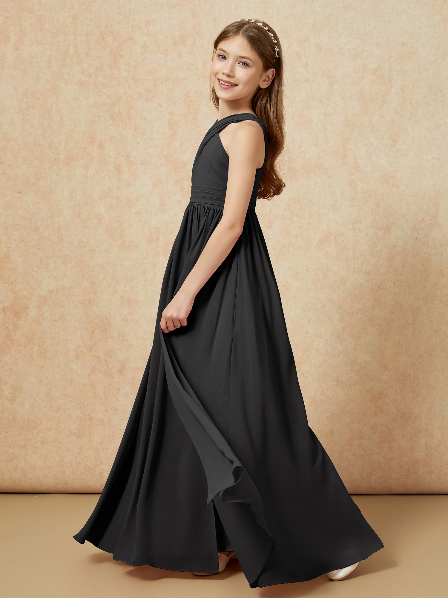 Grecian Neck Chiffon Junior Bridesmaid Dresses With Slit Black - Image 3
