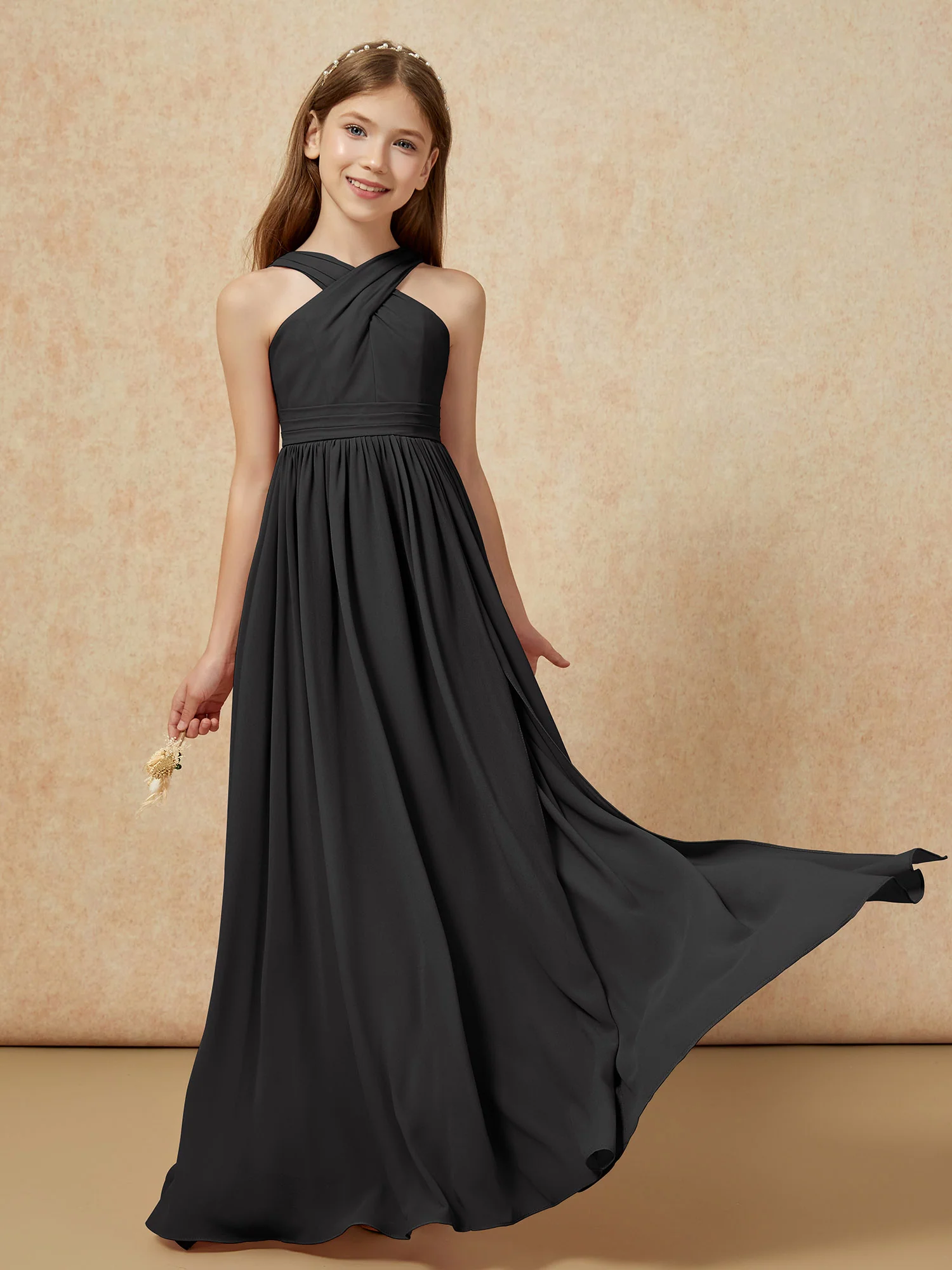 Grecian Neck Chiffon Junior Bridesmaid Dresses With Slit Black - Image 5