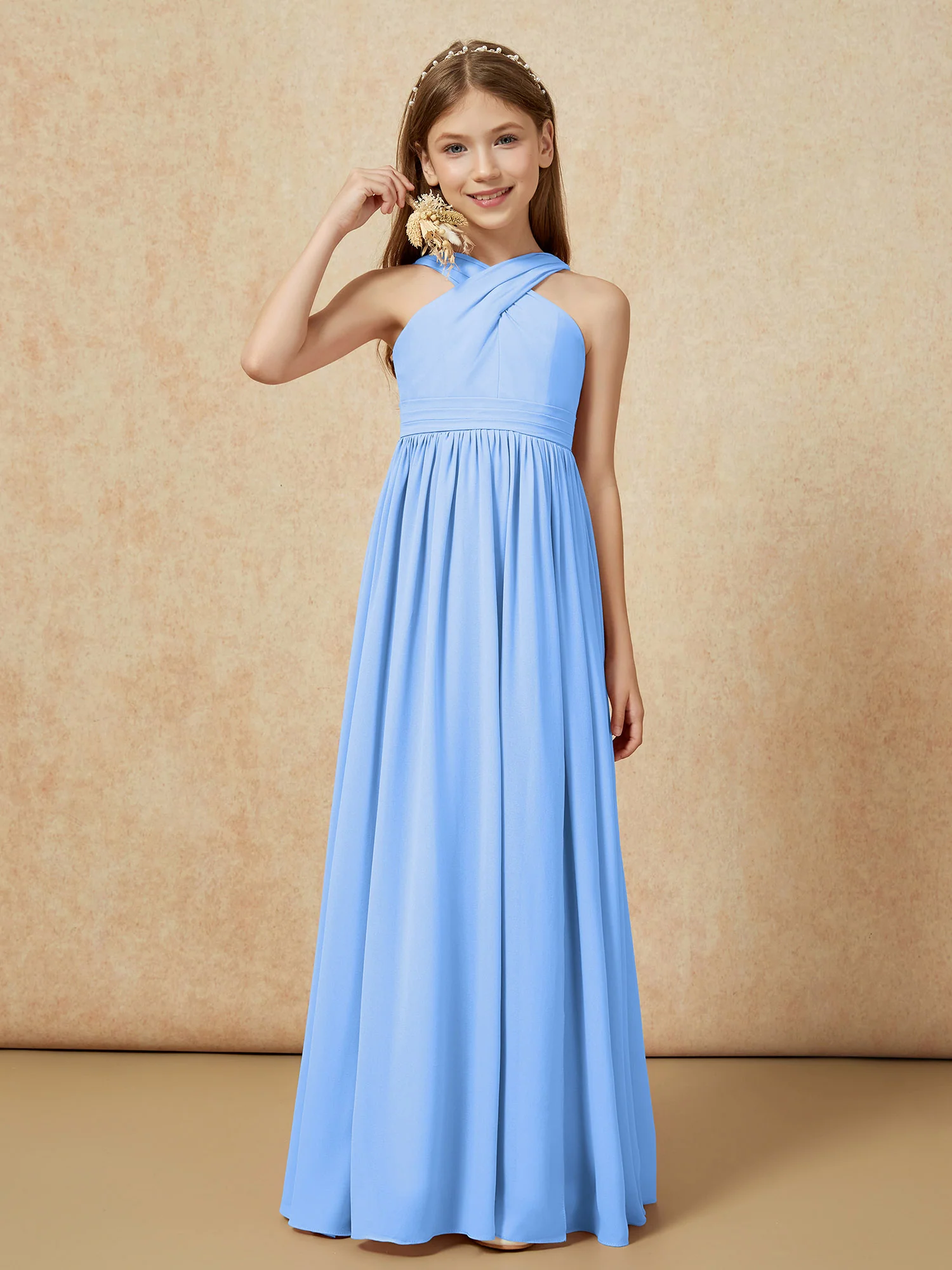Grecian Neck Chiffon Junior Bridesmaid Dresses With Slit Blue