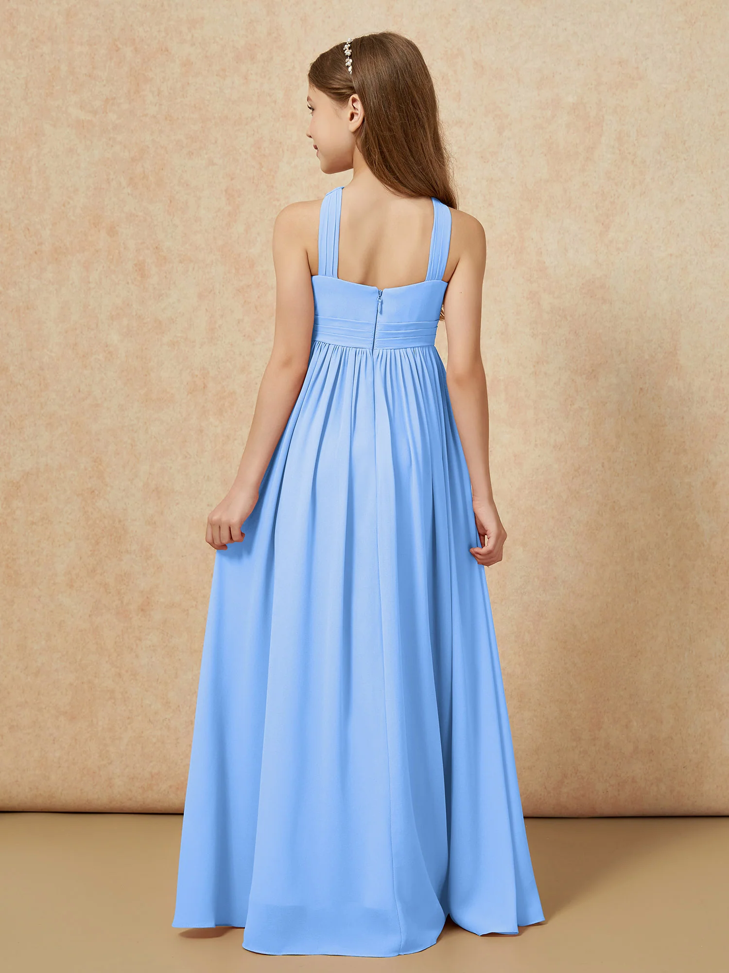 Grecian Neck Chiffon Junior Bridesmaid Dresses With Slit Blue - Image 2