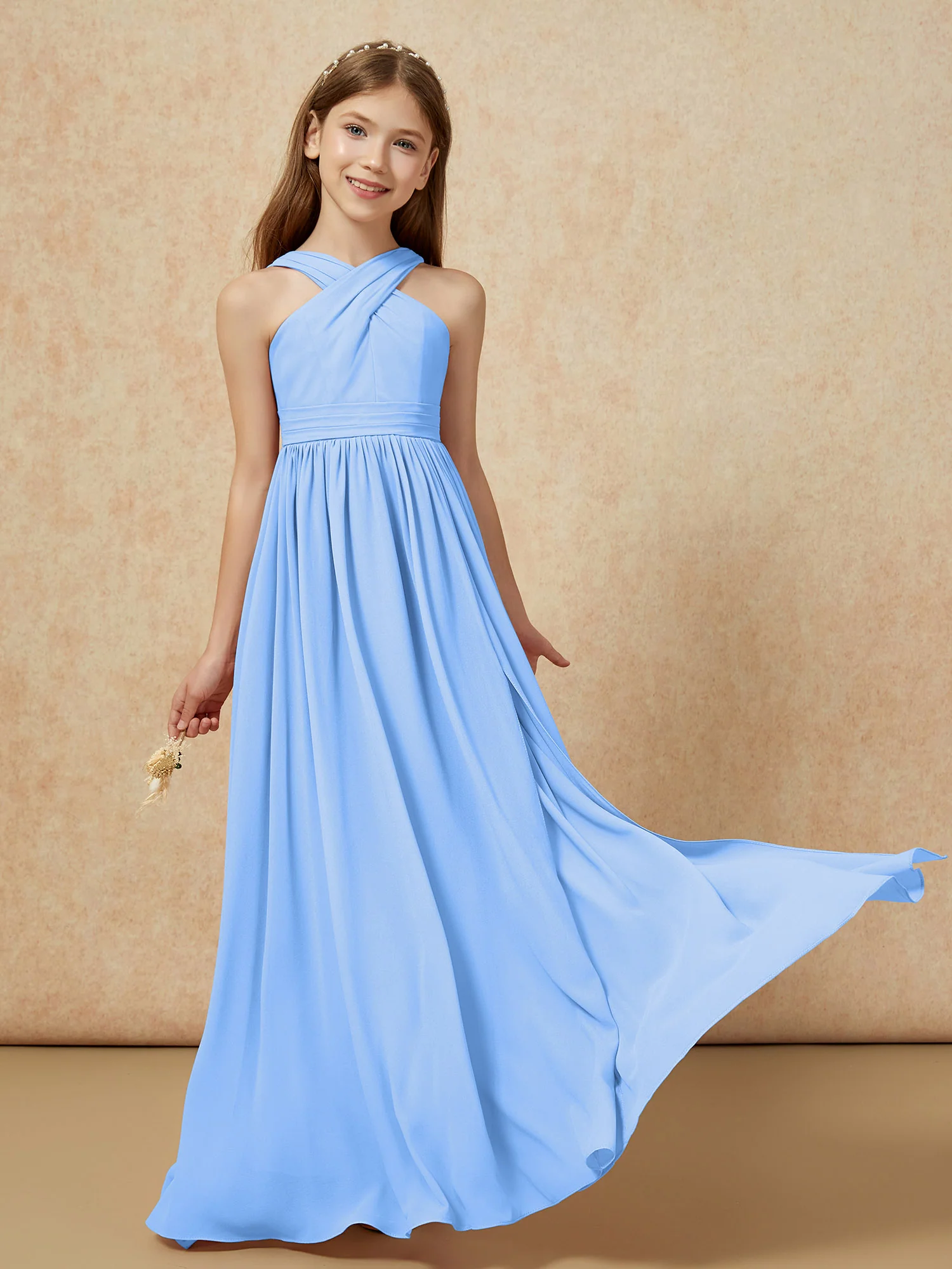 Grecian Neck Chiffon Junior Bridesmaid Dresses With Slit Blue - Image 5