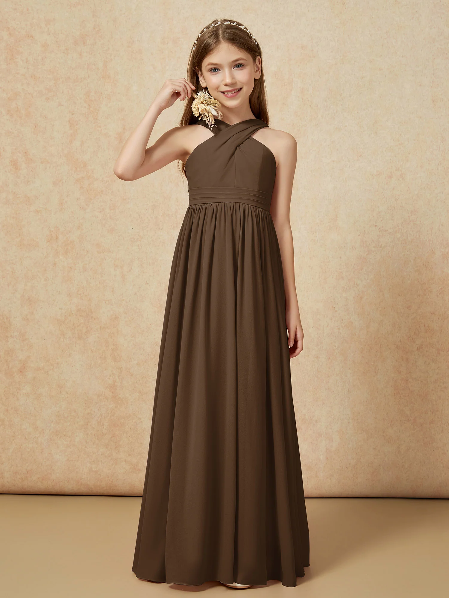 Grecian Neck Chiffon Junior Bridesmaid Dresses With Slit Brown