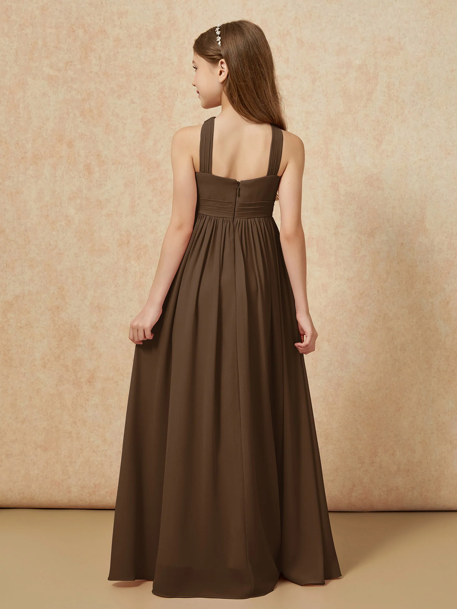 Grecian Neck Chiffon Junior Bridesmaid Dresses With Slit Brown - Image 2
