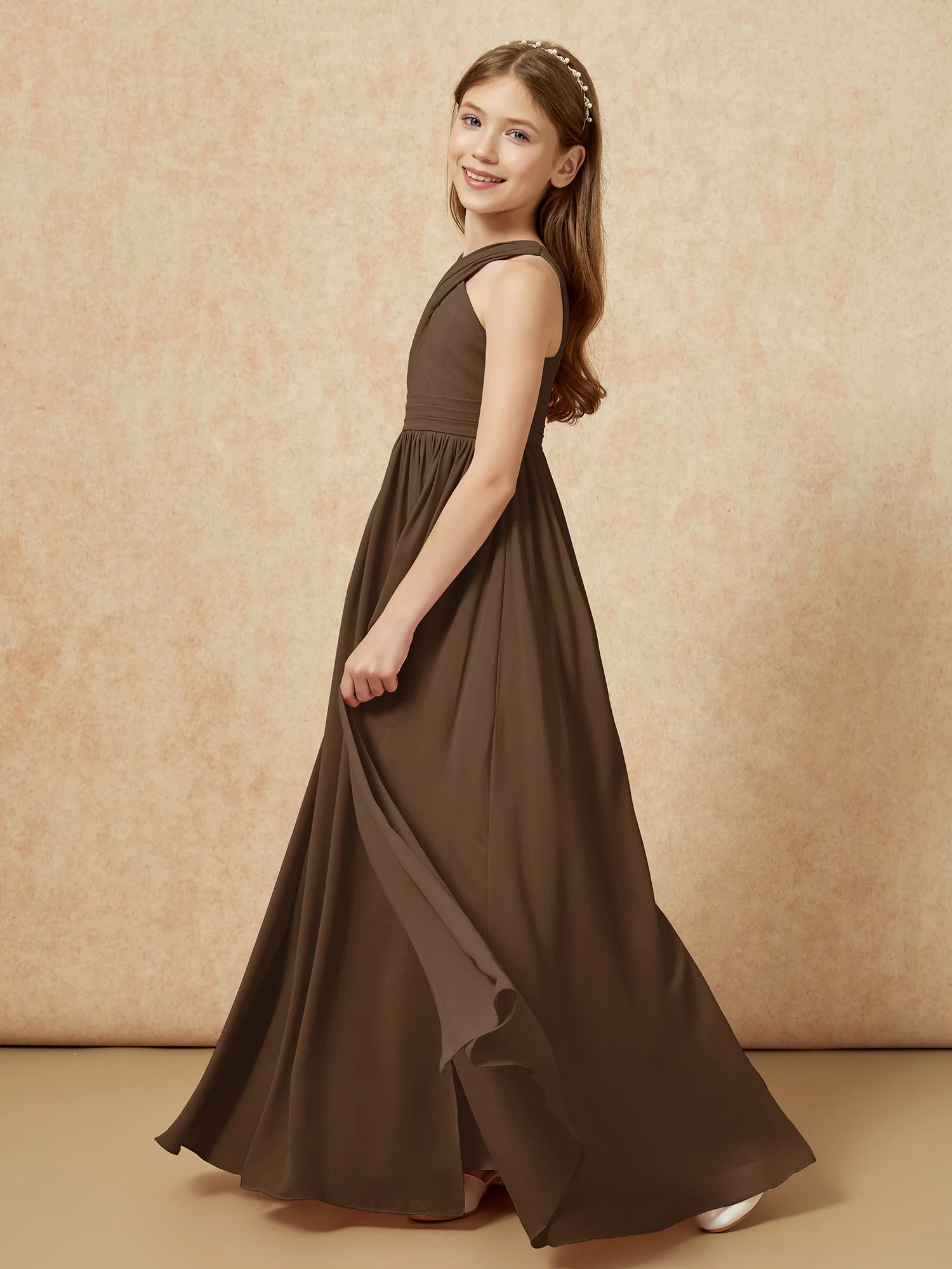 Grecian Neck Chiffon Junior Bridesmaid Dresses With Slit Brown - Image 3