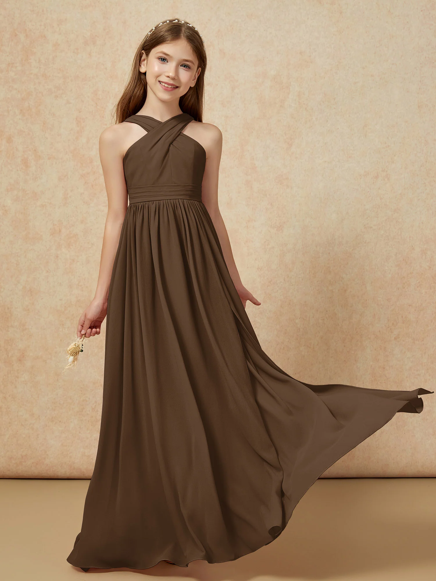 Grecian Neck Chiffon Junior Bridesmaid Dresses With Slit Brown - Image 5