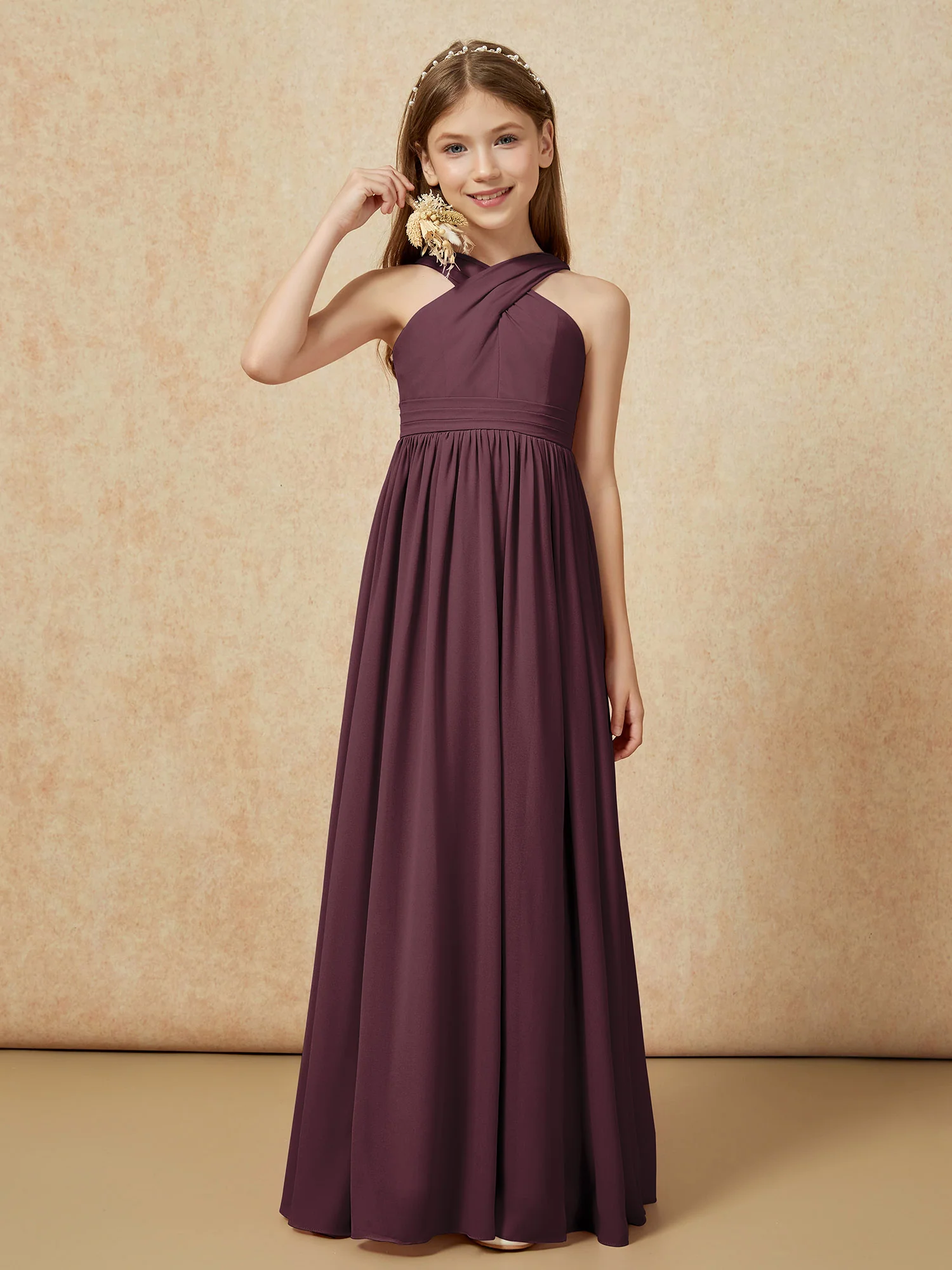 Grecian Neck Chiffon Junior Bridesmaid Dresses With Slit Cabernet