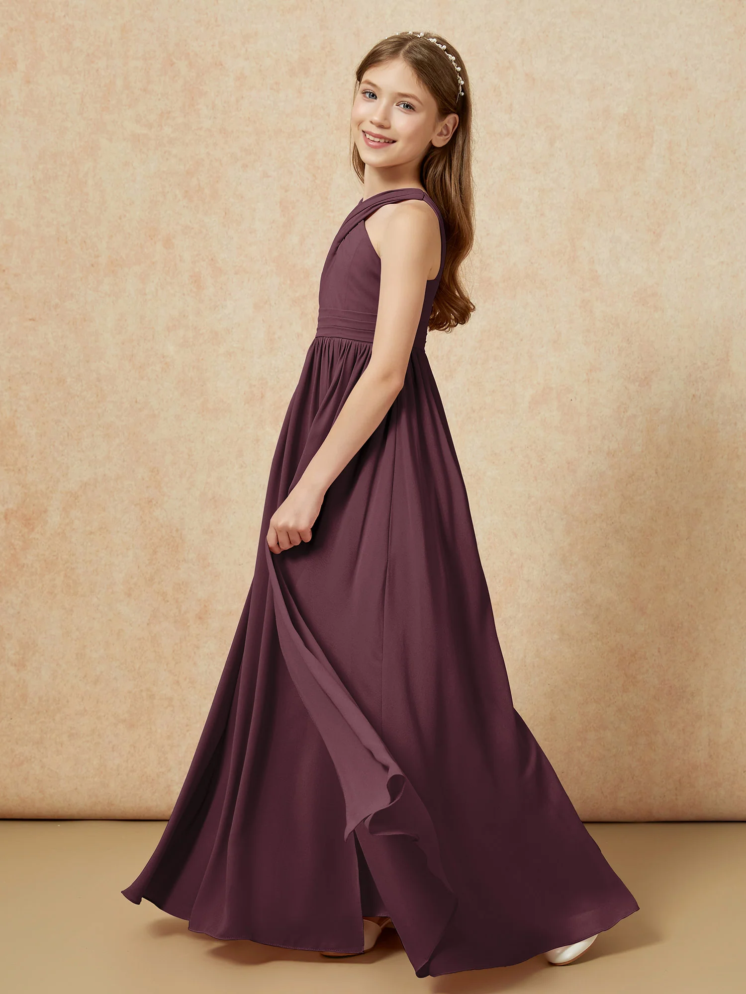 Grecian Neck Chiffon Junior Bridesmaid Dresses With Slit Cabernet - Image 3