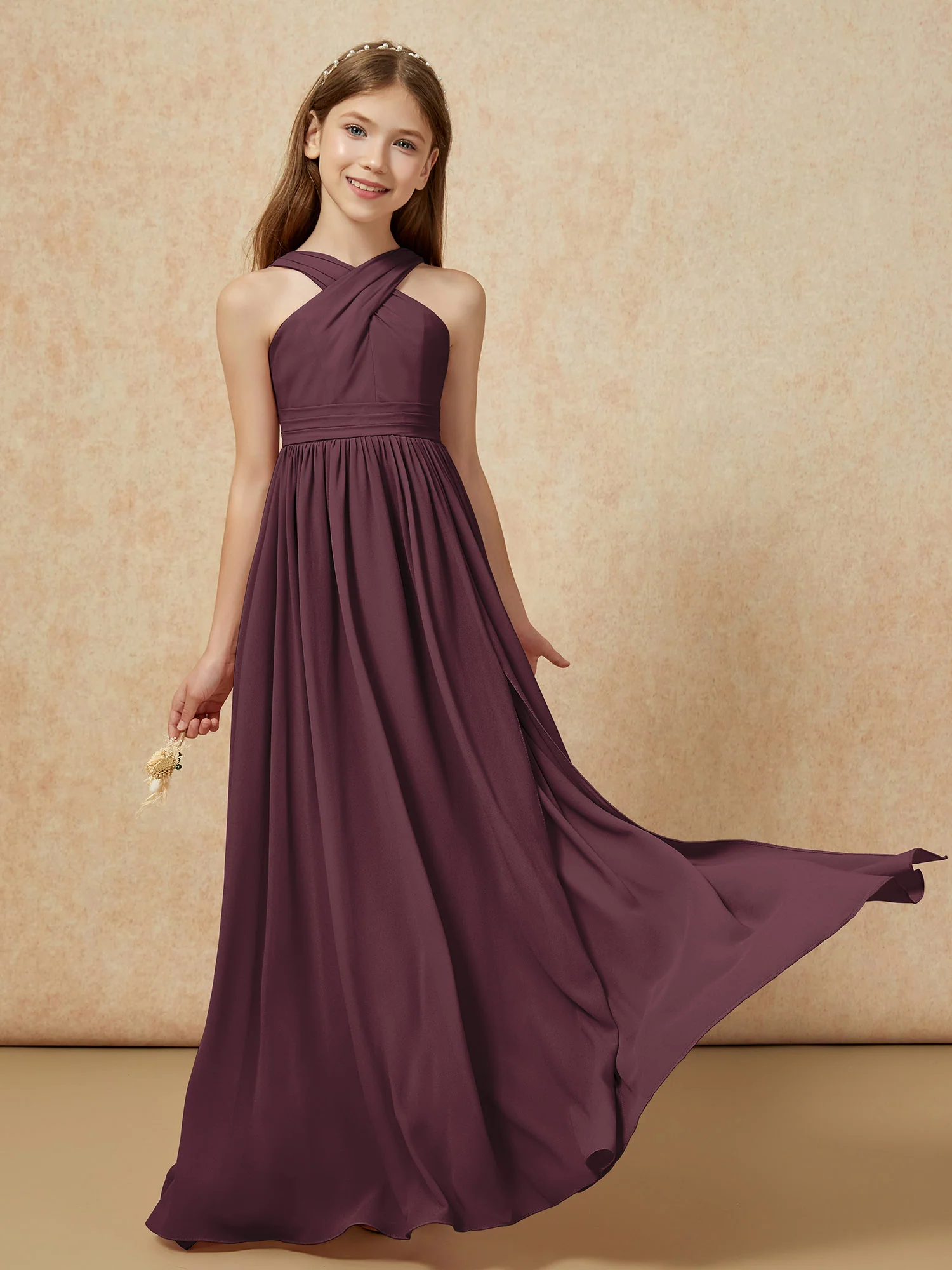 Grecian Neck Chiffon Junior Bridesmaid Dresses With Slit Cabernet - Image 5