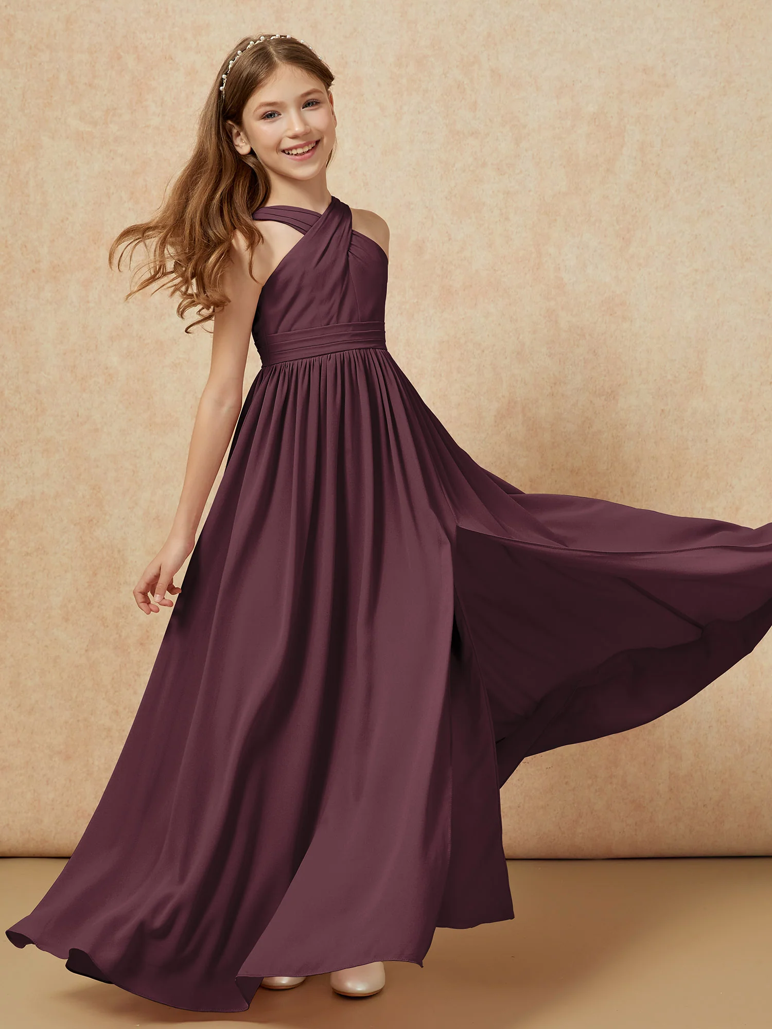 Grecian Neck Chiffon Junior Bridesmaid Dresses With Slit Cabernet - Image 6