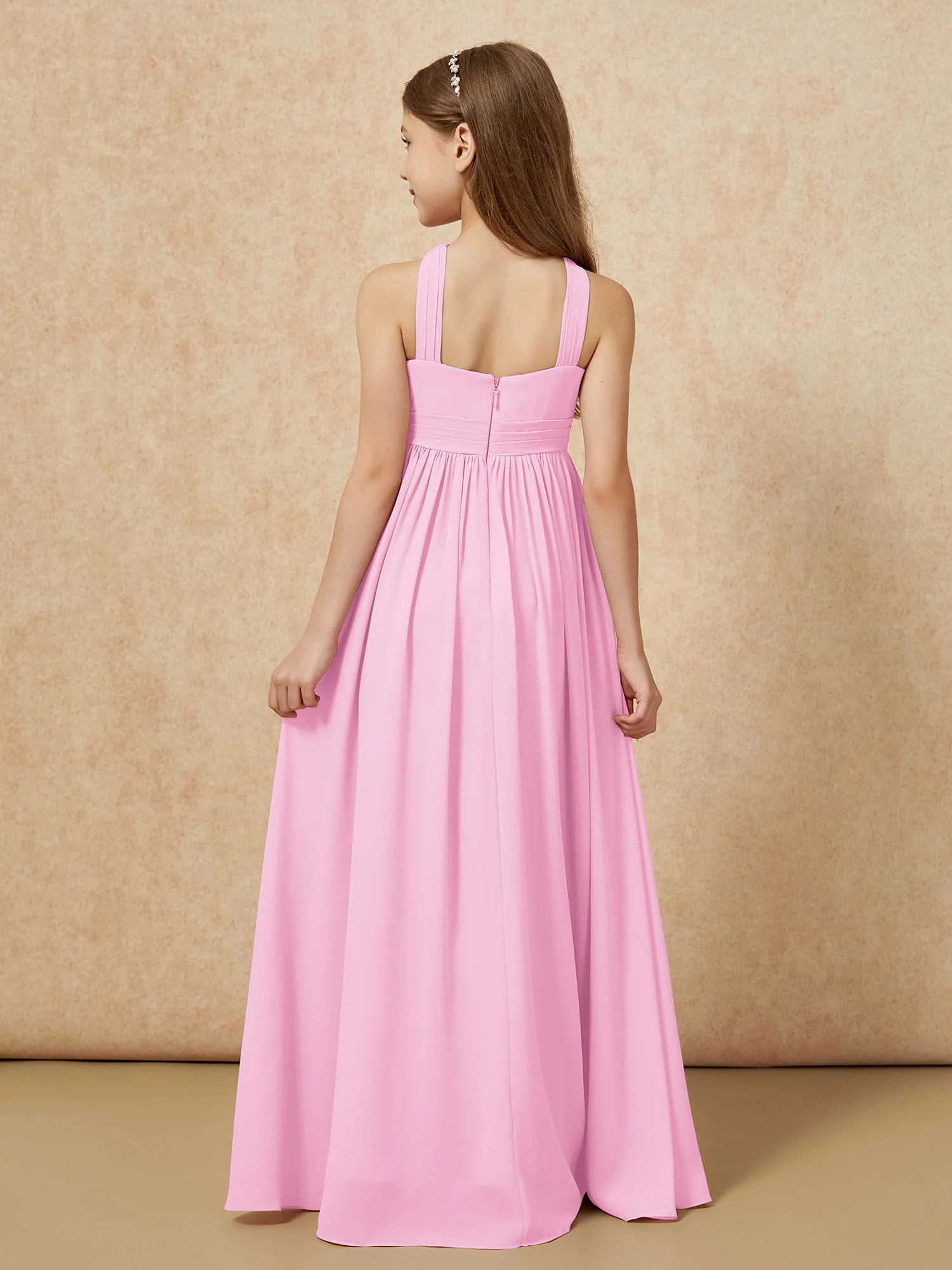 Grecian Neck Chiffon Junior Bridesmaid Dresses With Slit Candy Pink - Image 2