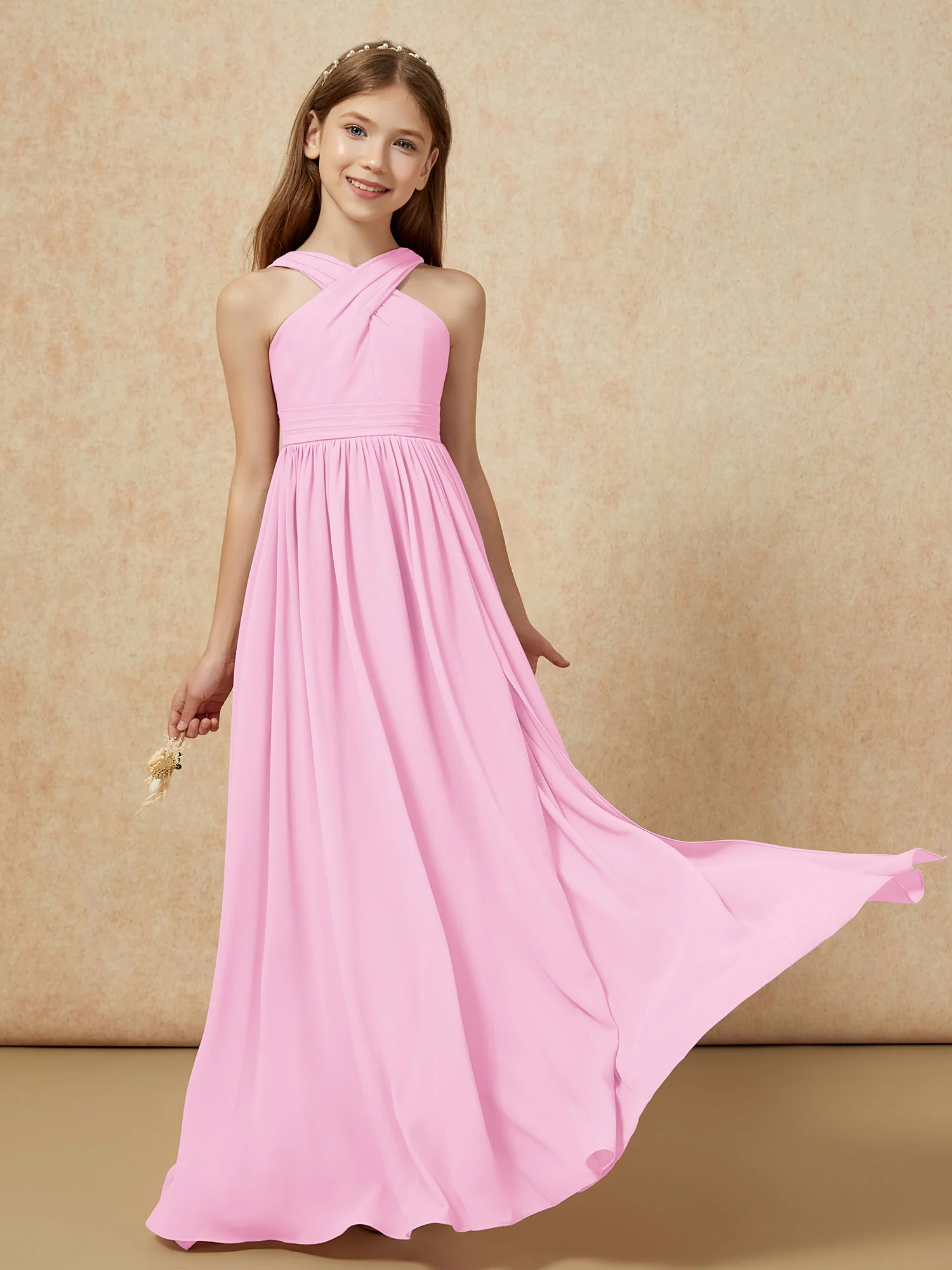 Grecian Neck Chiffon Junior Bridesmaid Dresses With Slit Candy Pink - Image 5