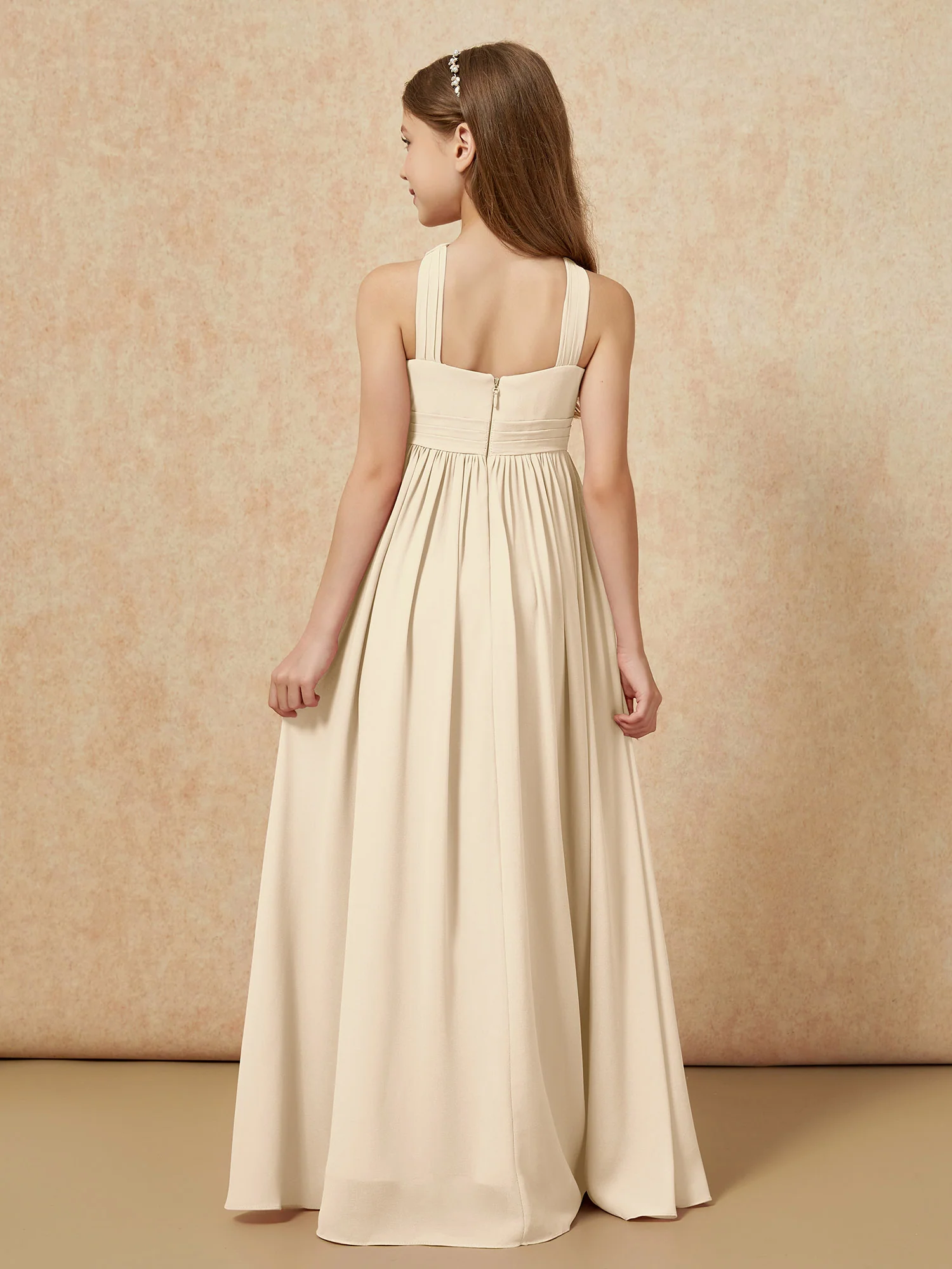 Grecian Neck Chiffon Junior Bridesmaid Dresses With Slit Champagne - Image 2