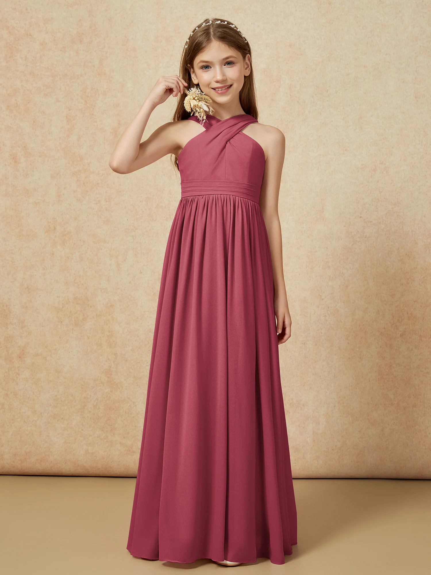 Grecian Neck Chiffon Junior Bridesmaid Dresses With Slit Cinnamon Rose