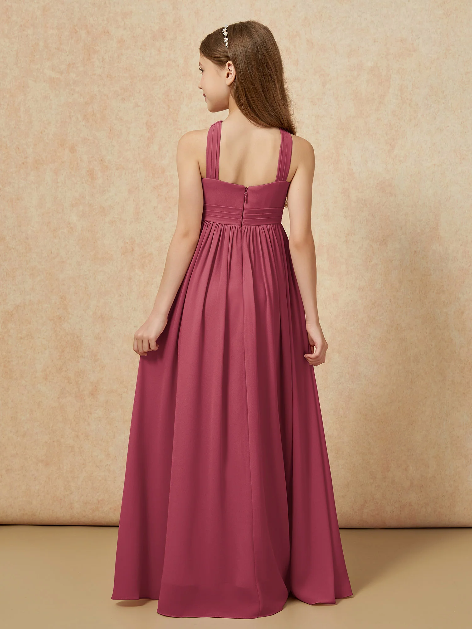 Grecian Neck Chiffon Junior Bridesmaid Dresses With Slit Cinnamon Rose - Image 2
