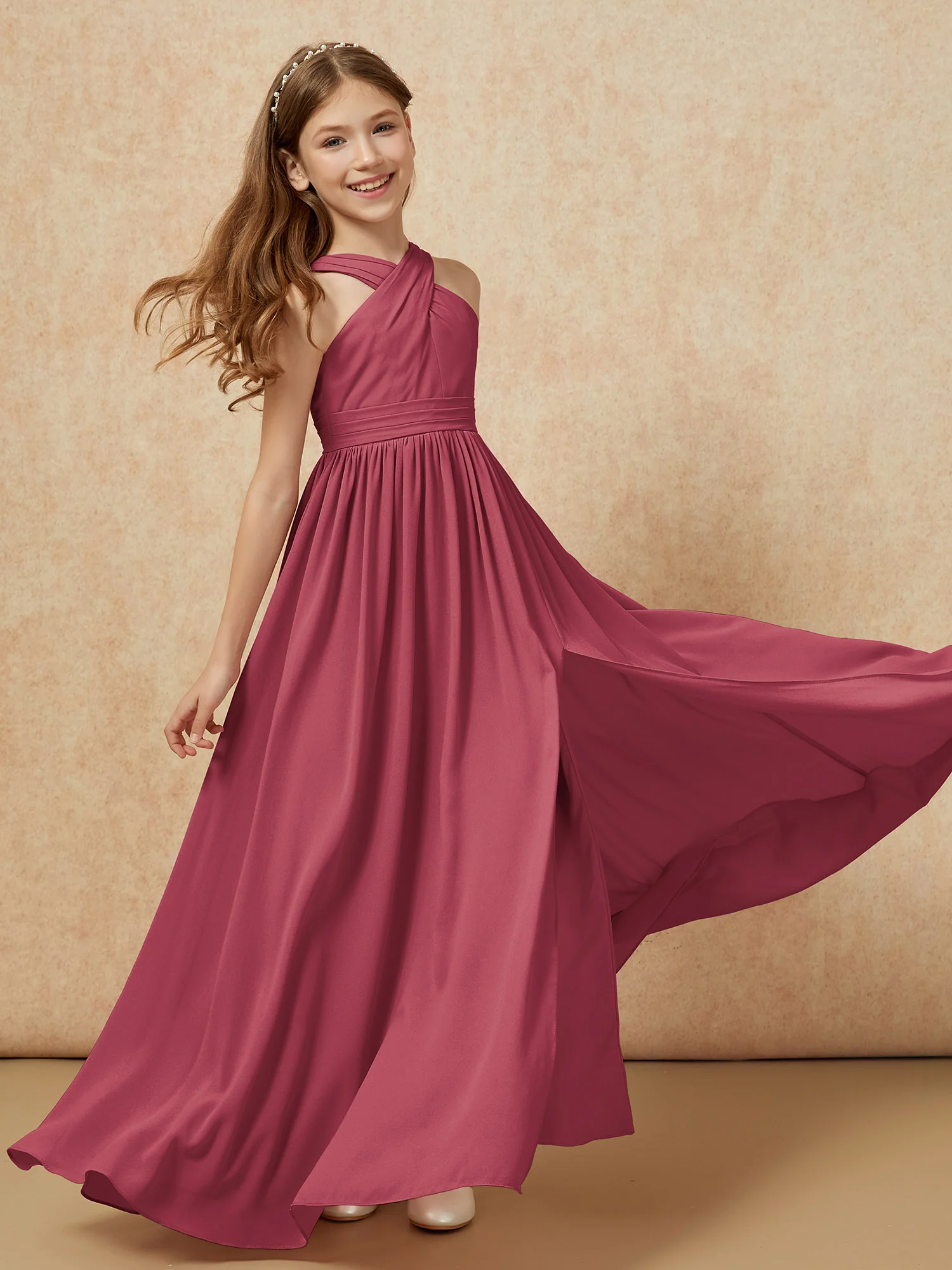 Grecian Neck Chiffon Junior Bridesmaid Dresses With Slit Cinnamon Rose - Image 6