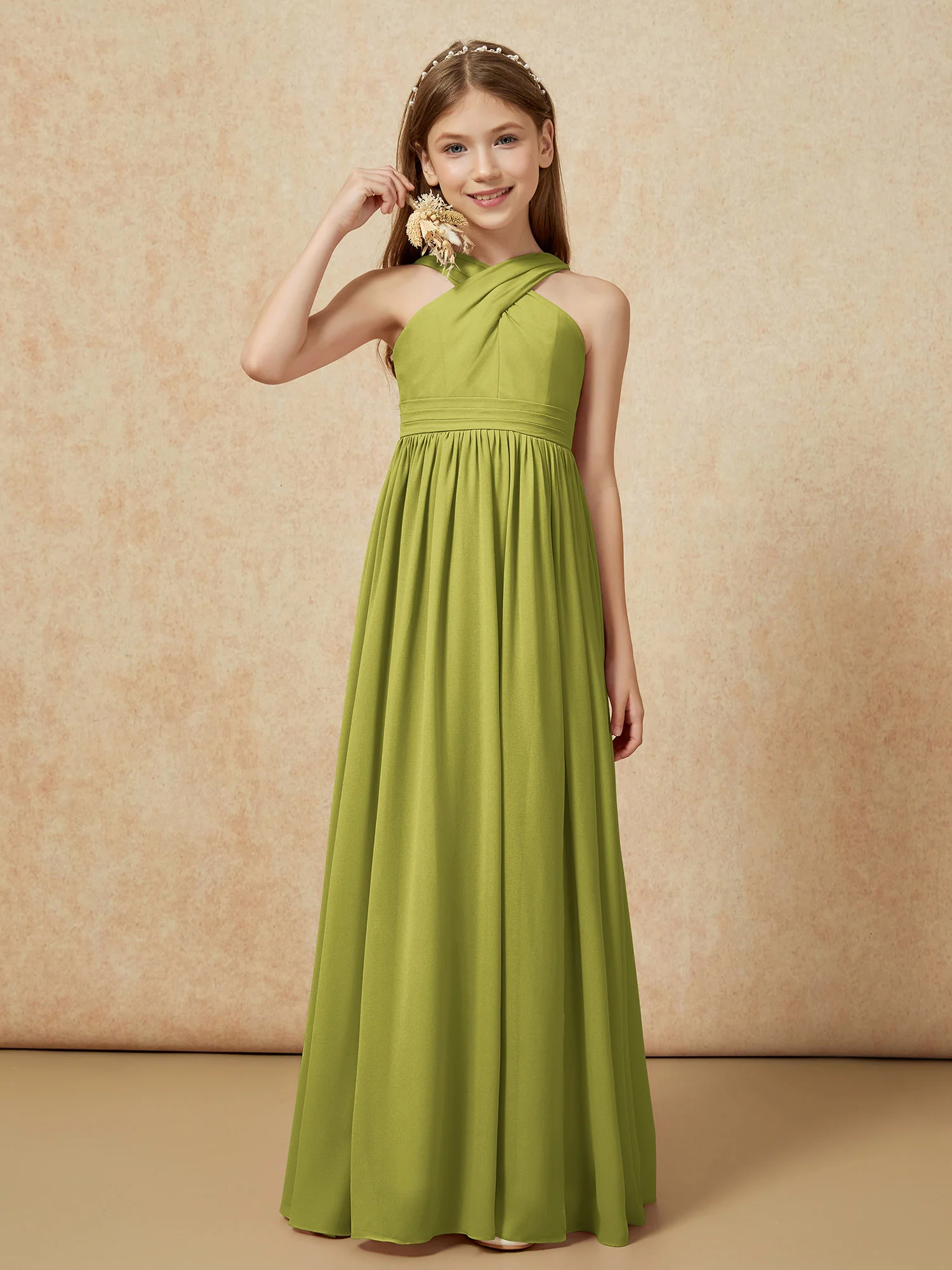 Grecian Neck Chiffon Junior Bridesmaid Dresses With Slit Clover
