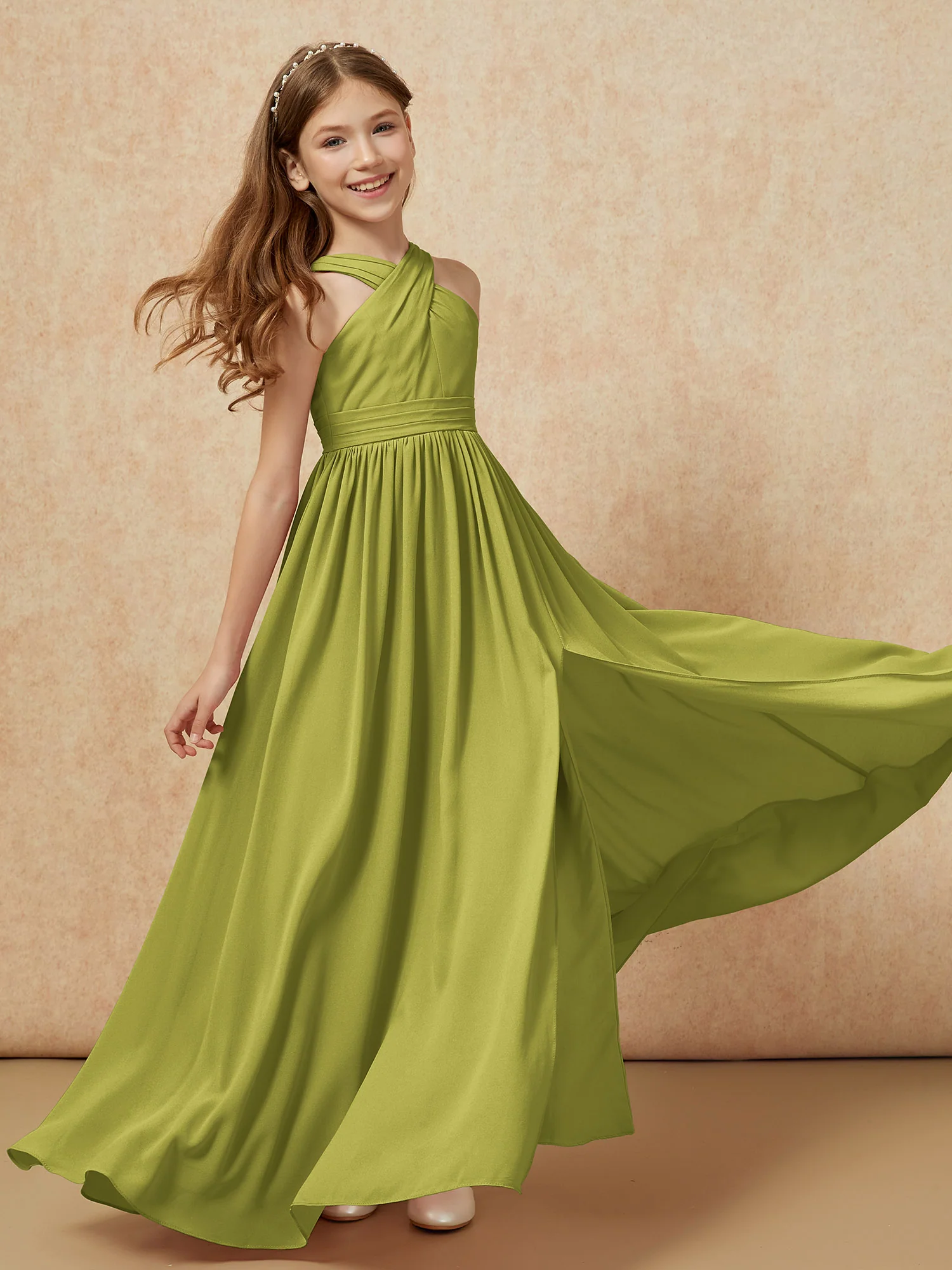 Grecian Neck Chiffon Junior Bridesmaid Dresses With Slit Clover - Image 6