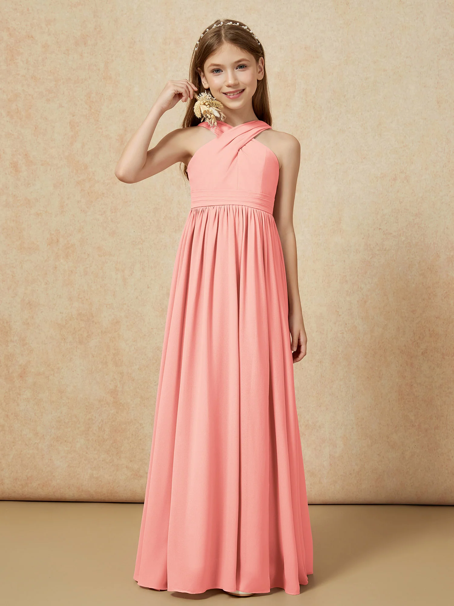 Grecian Neck Chiffon Junior Bridesmaid Dresses With Slit Coral