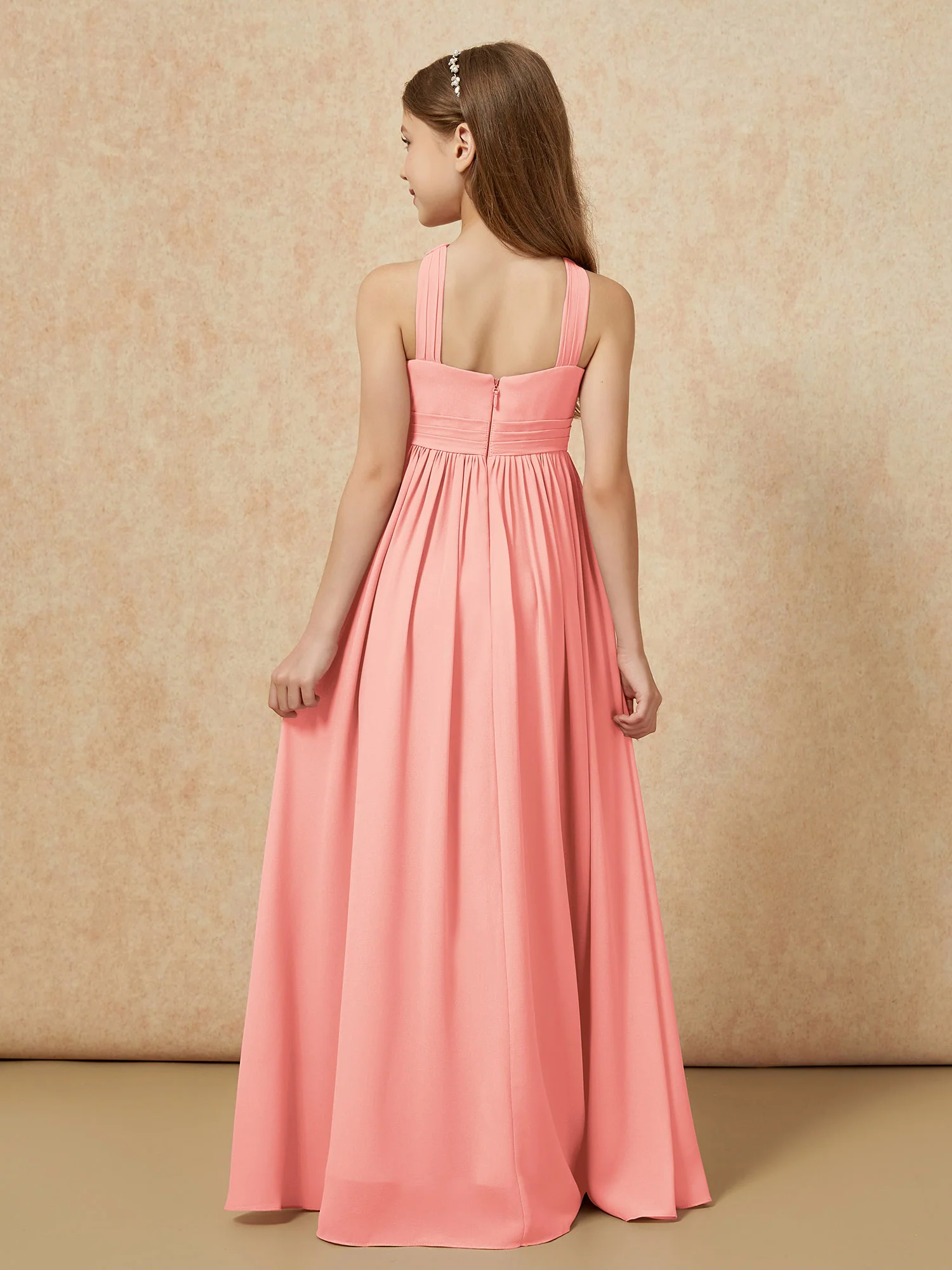 Grecian Neck Chiffon Junior Bridesmaid Dresses With Slit Coral - Image 2
