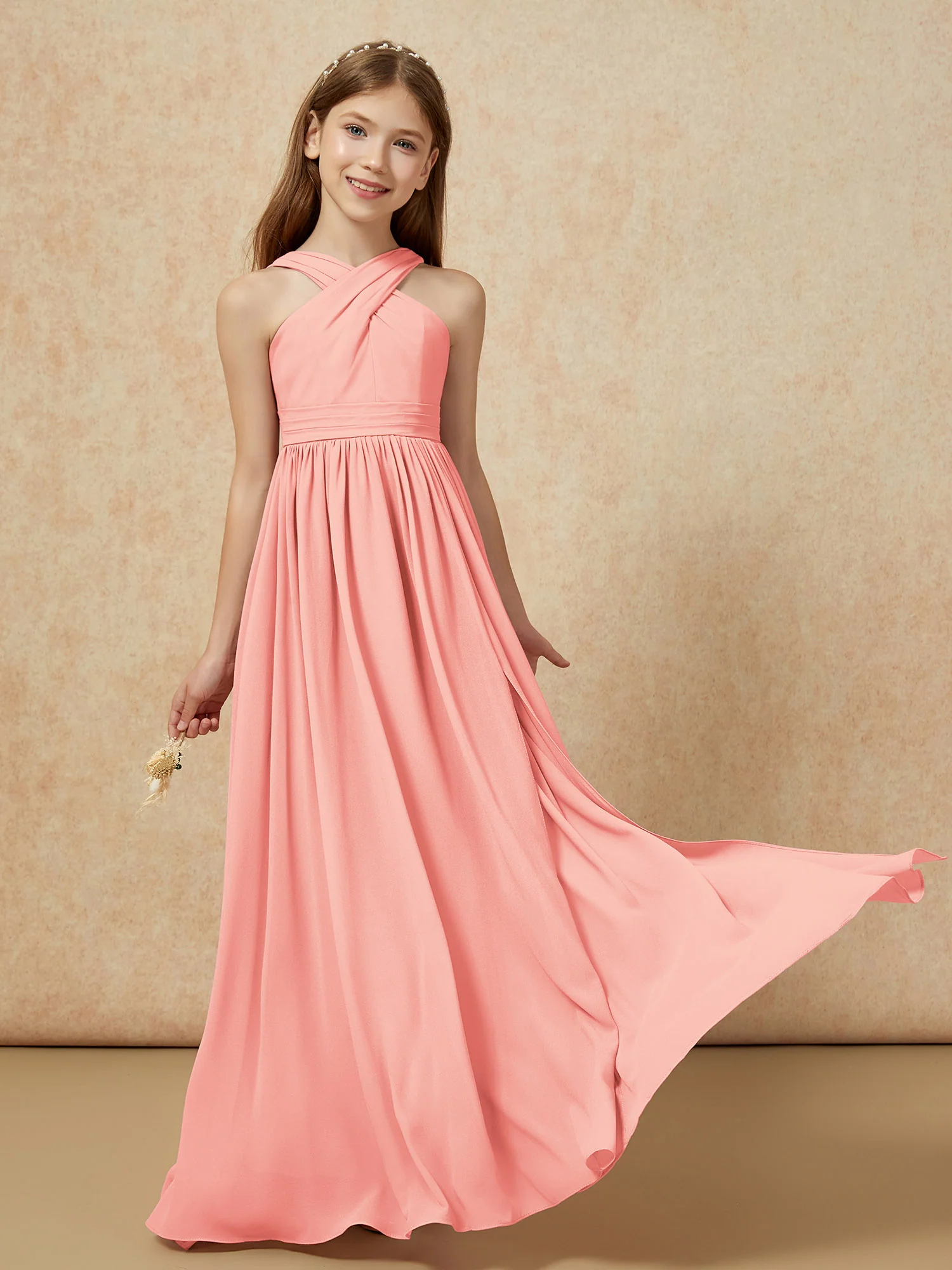 Grecian Neck Chiffon Junior Bridesmaid Dresses With Slit Coral - Image 5