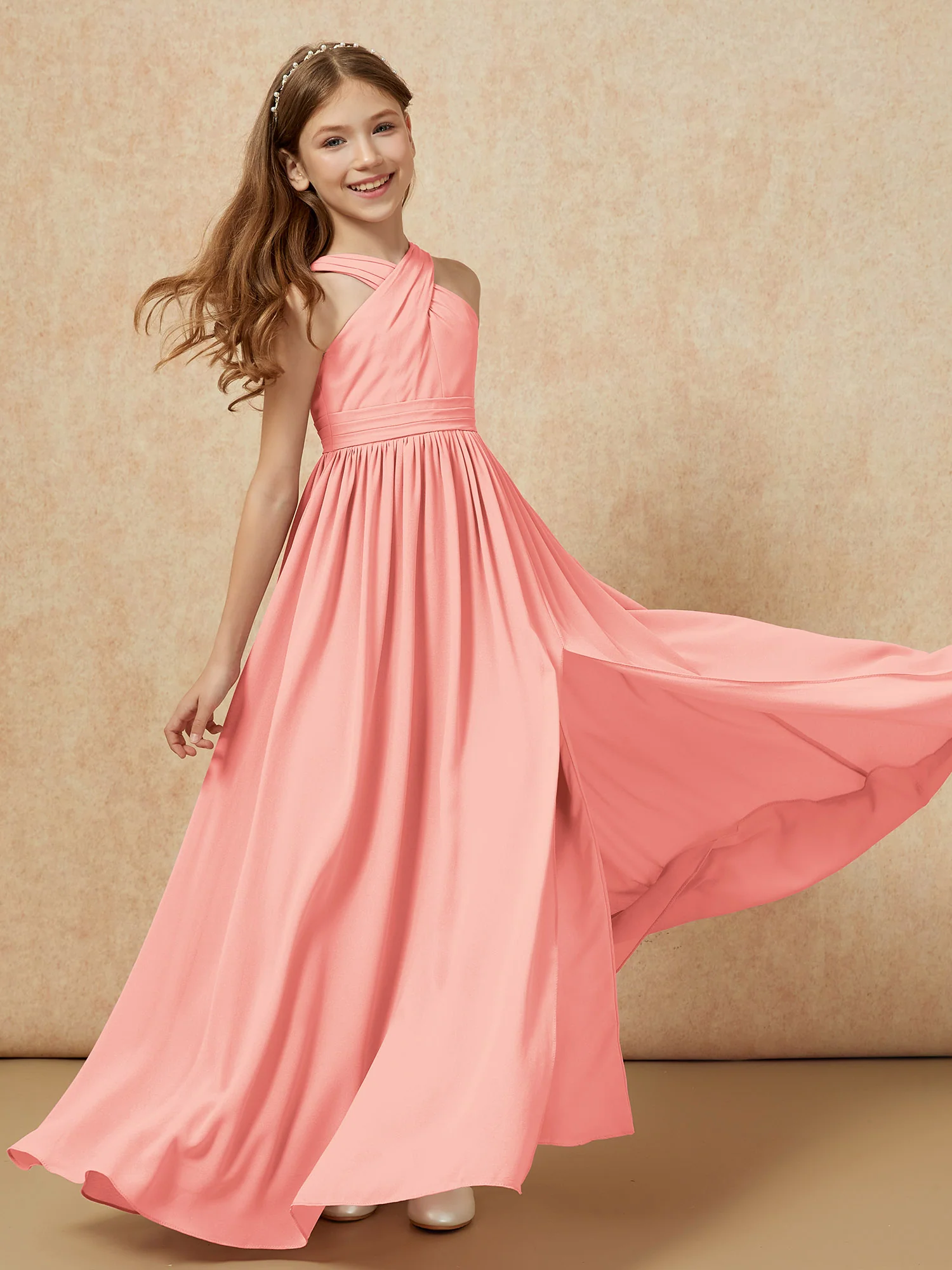 Grecian Neck Chiffon Junior Bridesmaid Dresses With Slit Coral - Image 6