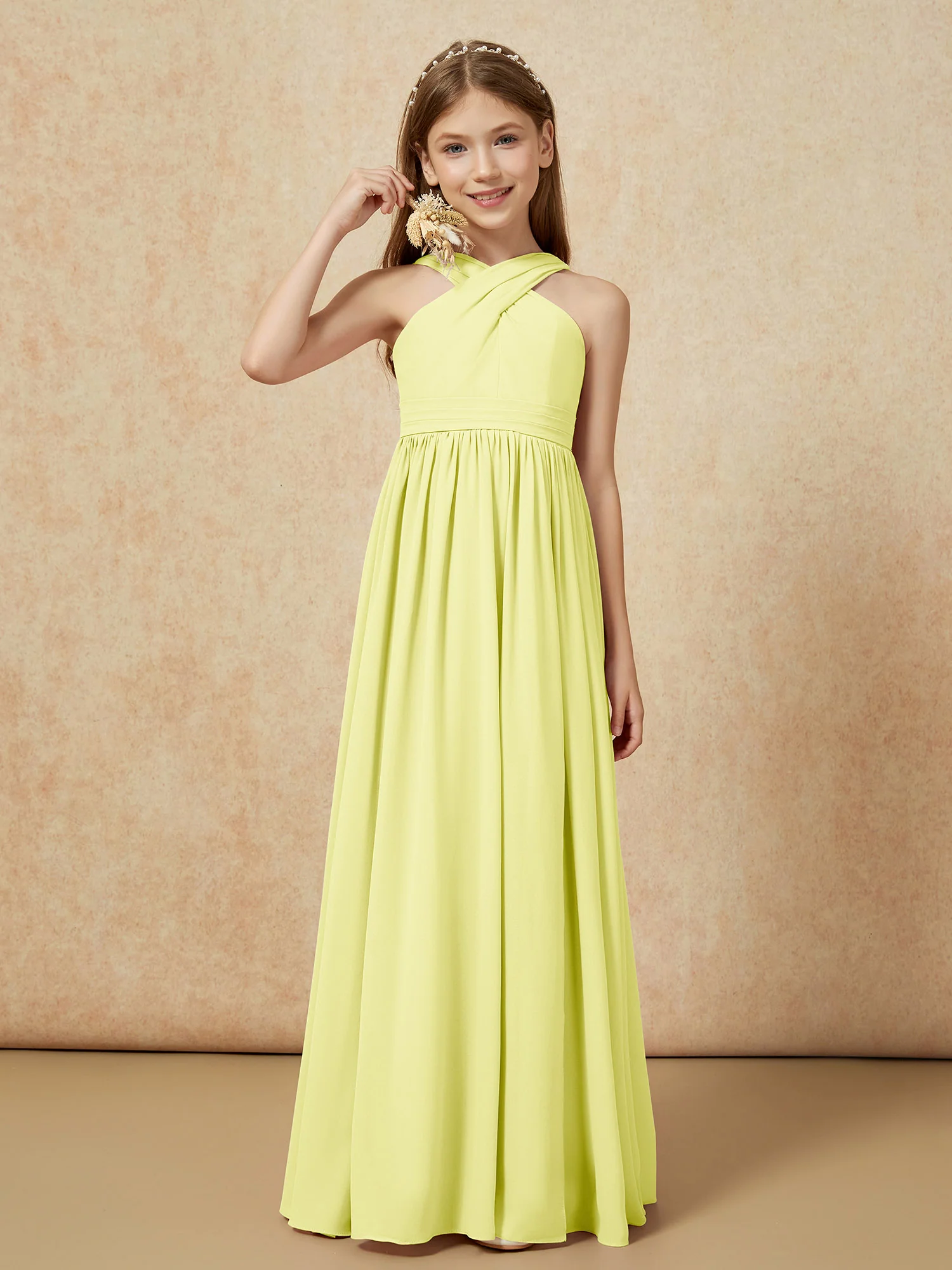 Grecian Neck Chiffon Junior Bridesmaid Dresses With Slit Daffodil