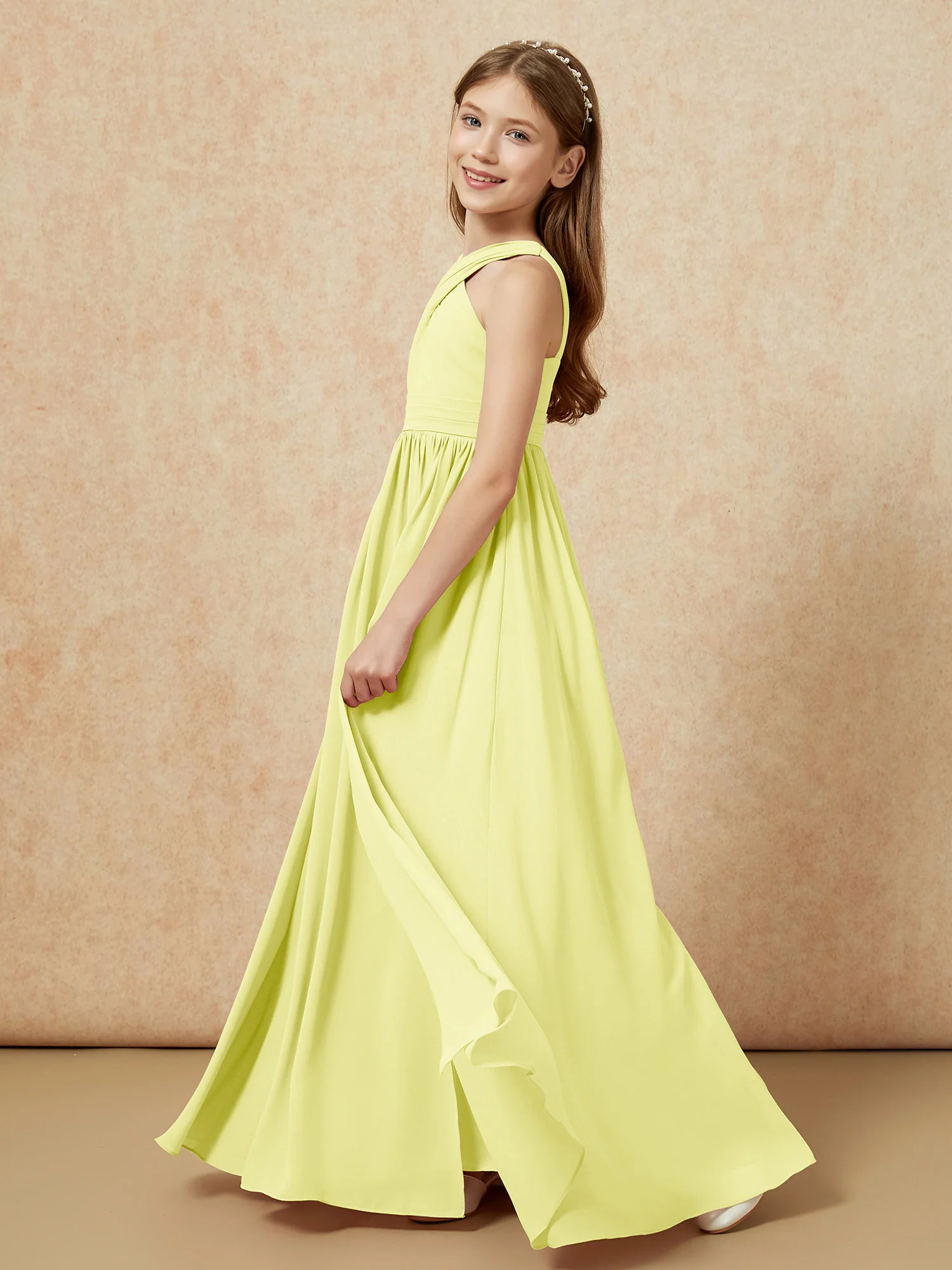 Grecian Neck Chiffon Junior Bridesmaid Dresses With Slit Daffodil - Image 3