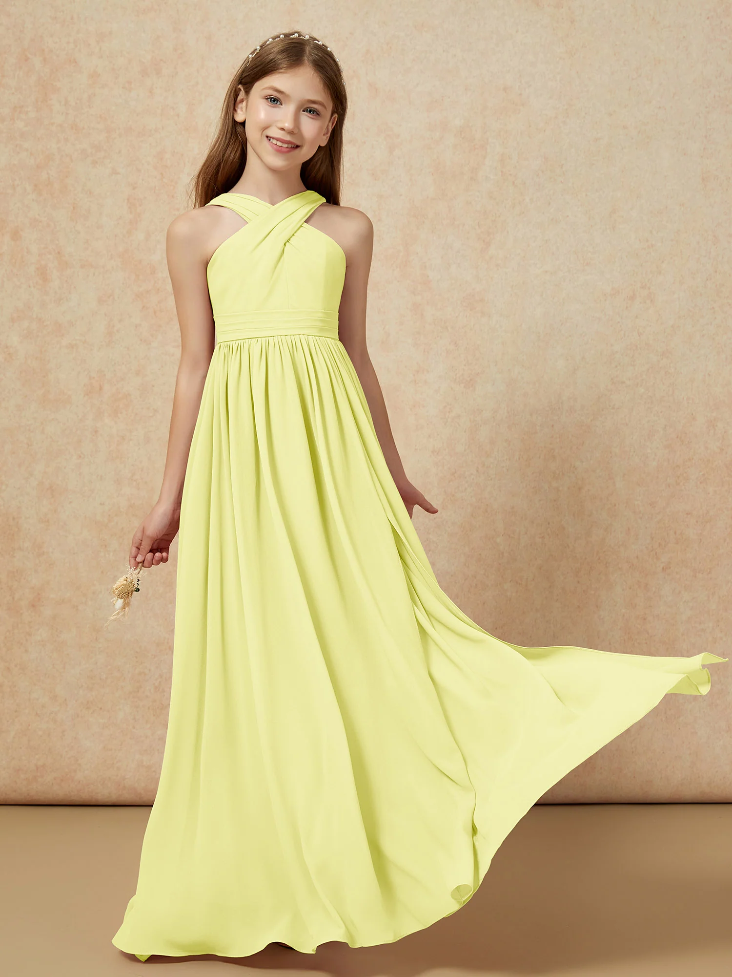Grecian Neck Chiffon Junior Bridesmaid Dresses With Slit Daffodil - Image 5